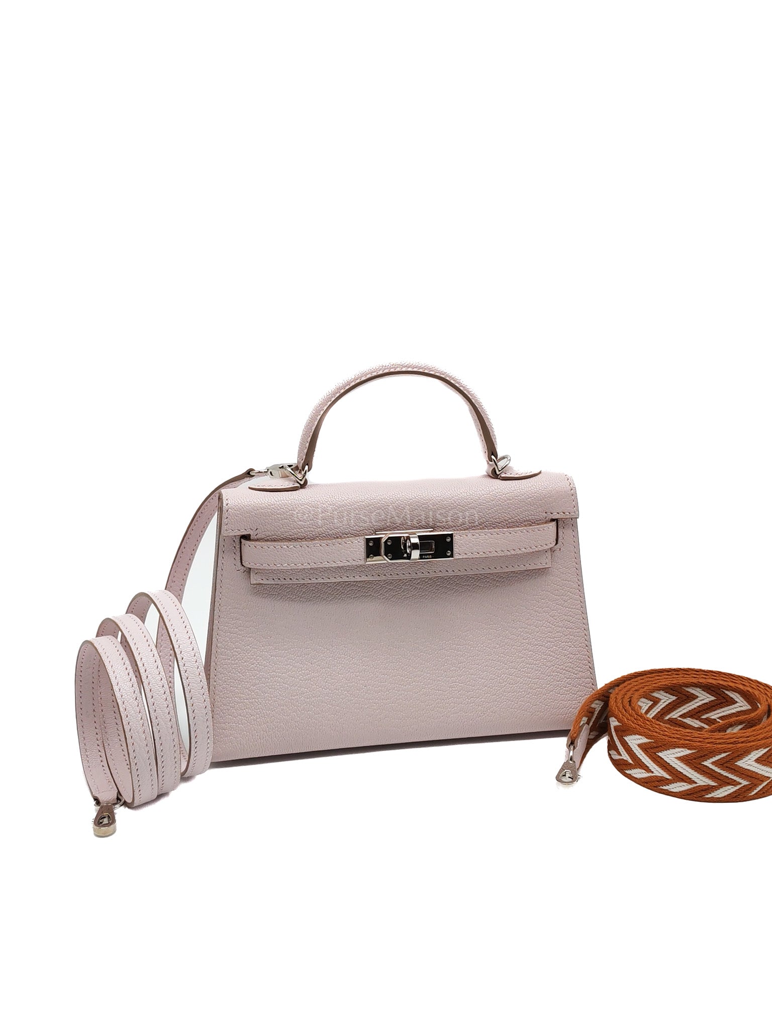 Mini Kelly in Pale Mauve Chevre Leather and Palladium Hardware Stamp U (2022) | Purse Maison Luxury Bags Shop