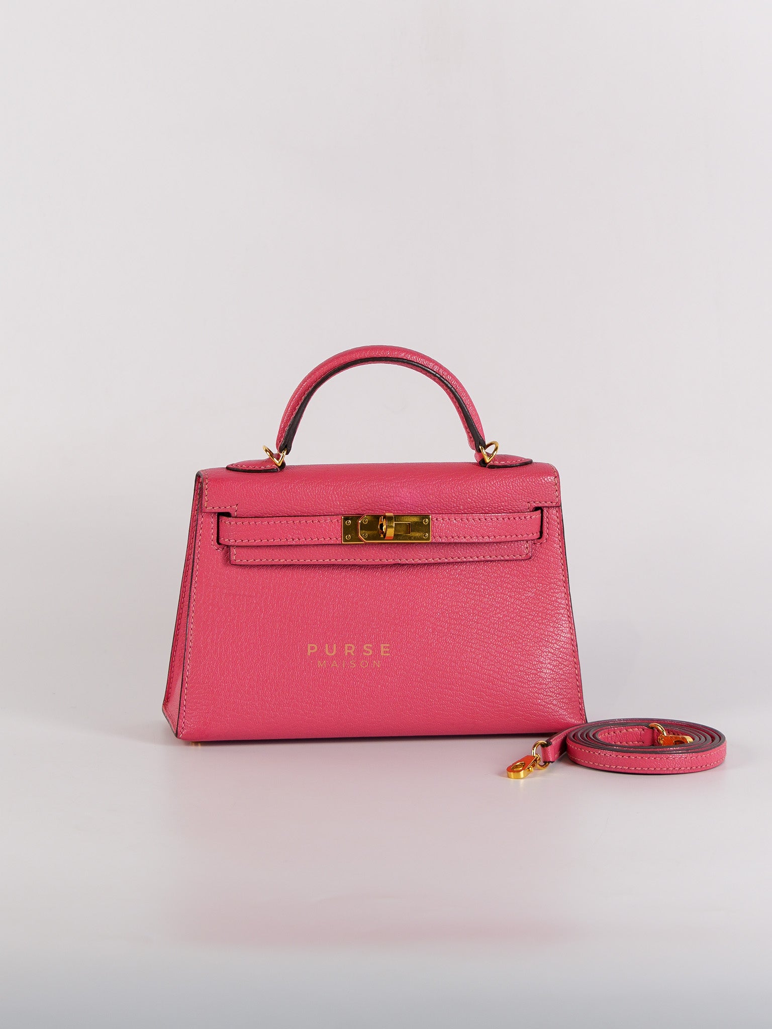 Mini Kelly in Rose Azalea Chèvre Mysore Leather Gold Hardware Stamp | Purse Maison Luxury Bags Shop