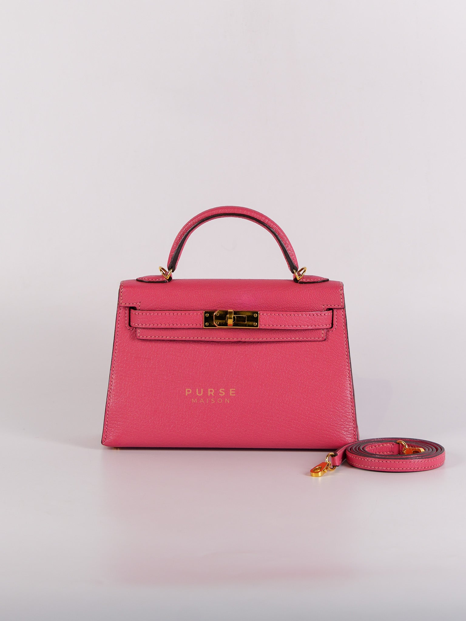 Mini Kelly in Rose Azalea Chèvre Mysore Leather Gold Hardware Stamp | Purse Maison Luxury Bags Shop
