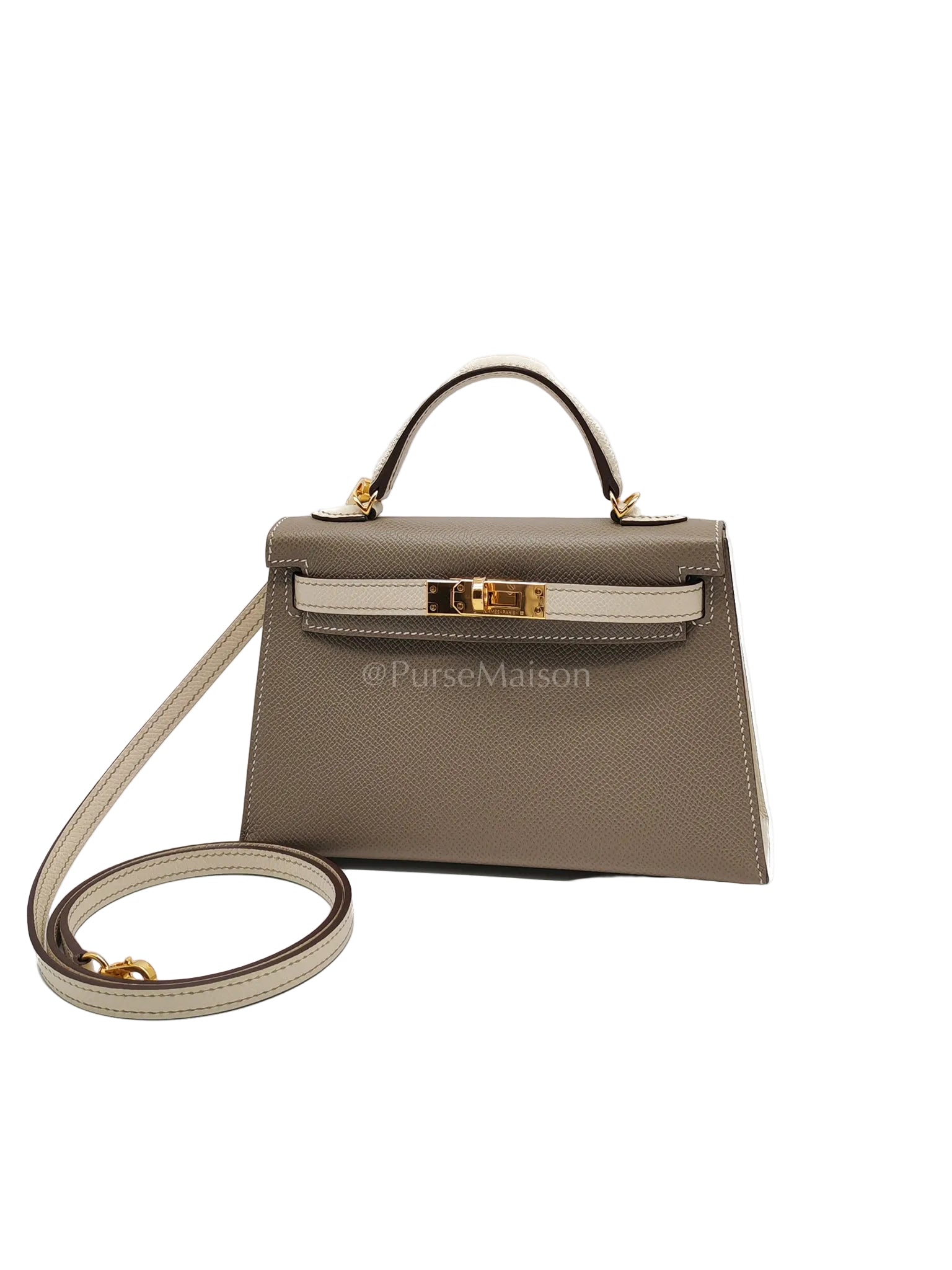 Mini Kelly Special Order in Gris Tourterelle and Nata Epsom Leather and Gold Hardware Stamp W (2024) | Purse Maison Luxury Bags Shop