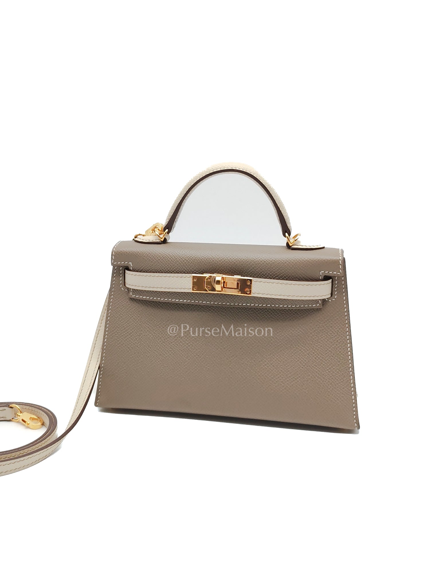 Mini Kelly Special Order in Gris Tourterelle and Nata Epsom Leather and Gold Hardware Stamp W (2024) | Purse Maison Luxury Bags Shop