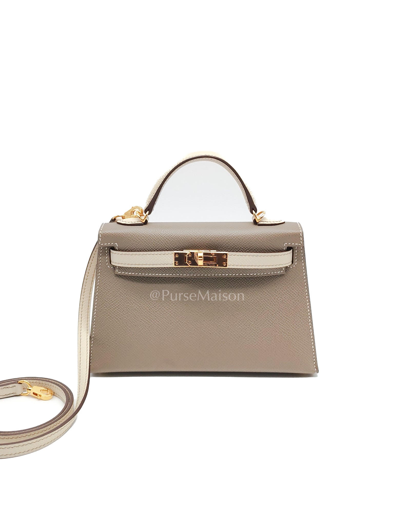 Mini Kelly Special Order in Gris Tourterelle and Nata Epsom Leather and Gold Hardware Stamp W (2024) | Purse Maison Luxury Bags Shop