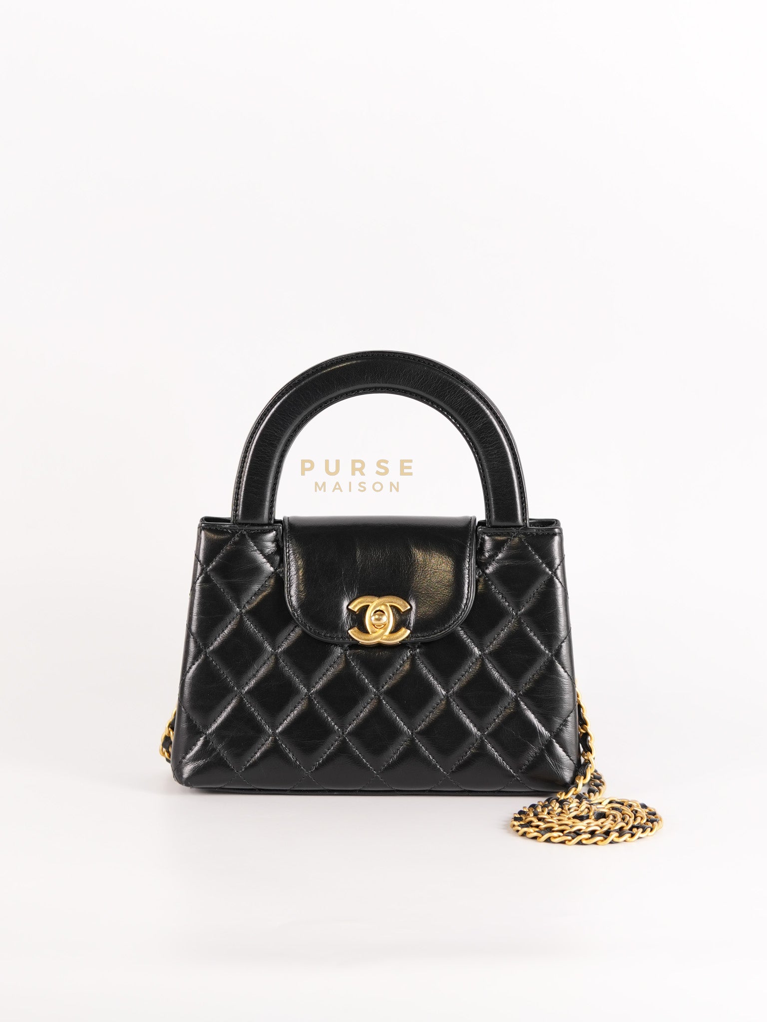 Mini Kelly Top Handle Bag in Black Quilted Calfskin Leather & Gold Hardware Microchip | Purse Maison Luxury Bags Shop
