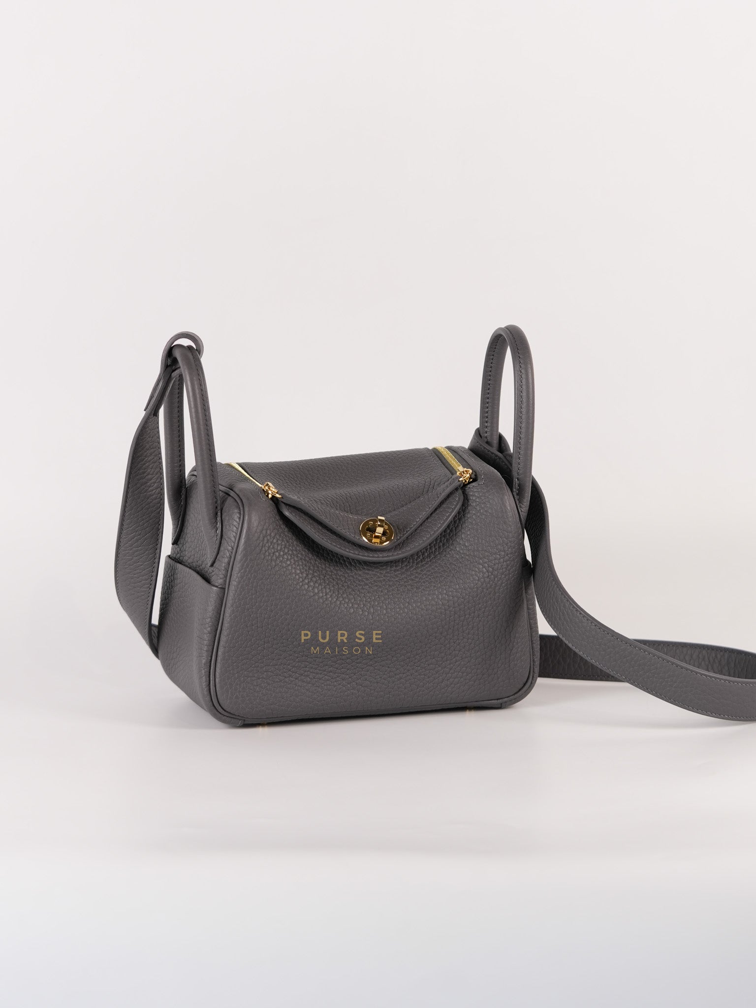 Mini Lindy 2 Gris Meyer Clemence Leather in Gold Hardware Stamp W (2024) | Purse Maison Luxury Bags Shop
