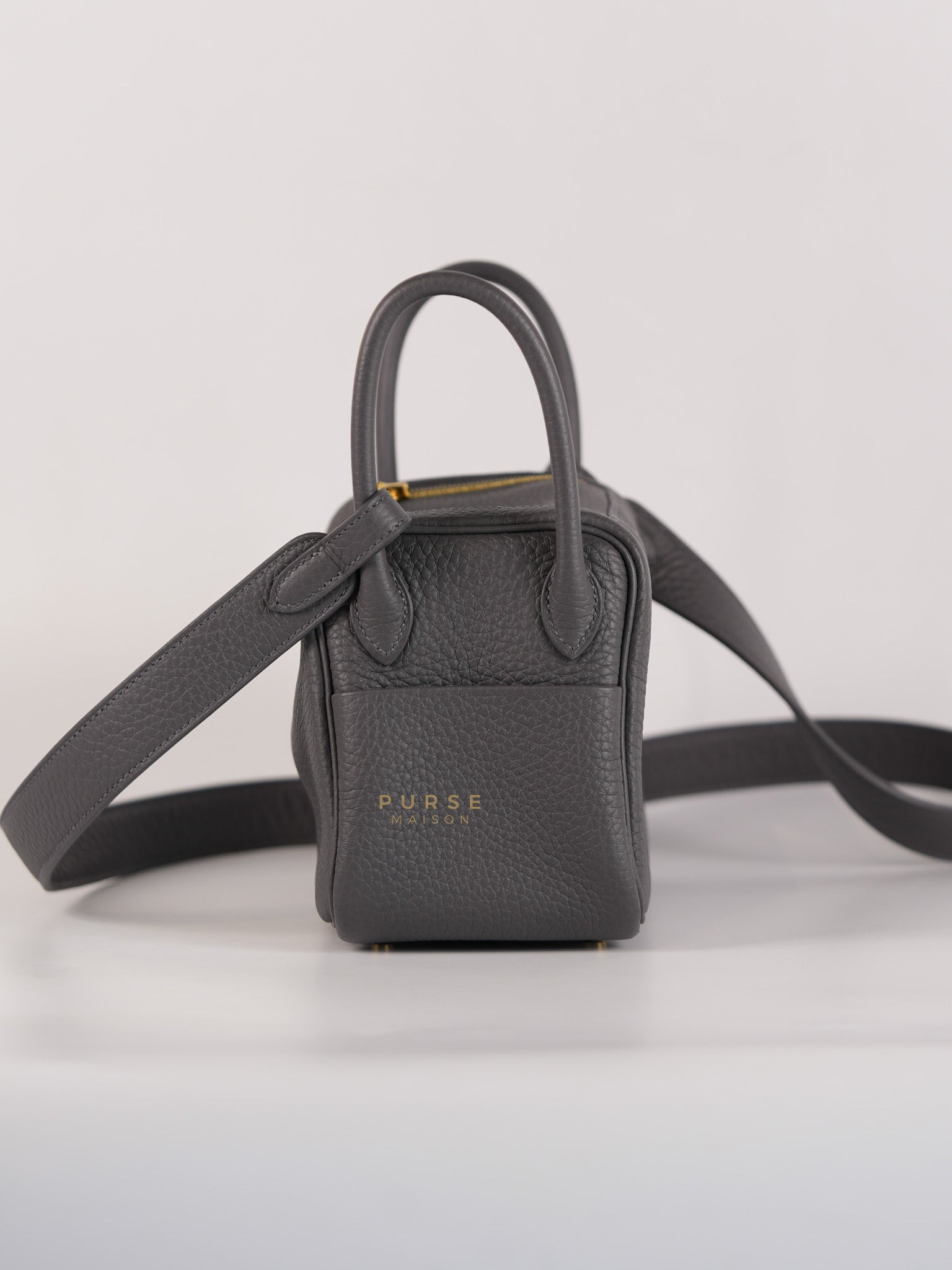 Mini Lindy 2 Gris Meyer Clemence Leather in Gold Hardware Stamp W (2024) | Purse Maison Luxury Bags Shop