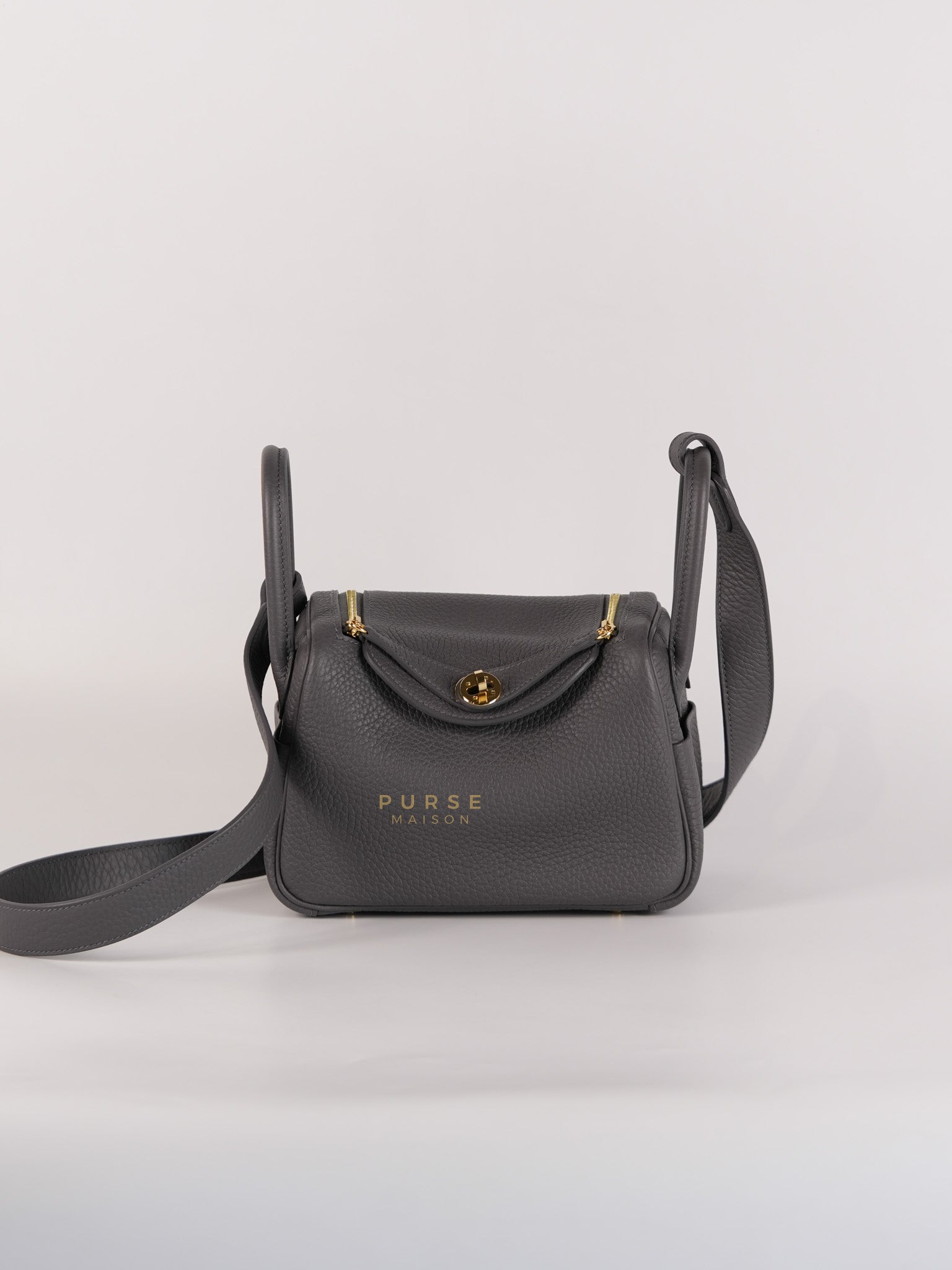 Mini Lindy 2 Gris Meyer Clemence Leather in Gold Hardware Stamp W (2024) | Purse Maison Luxury Bags Shop