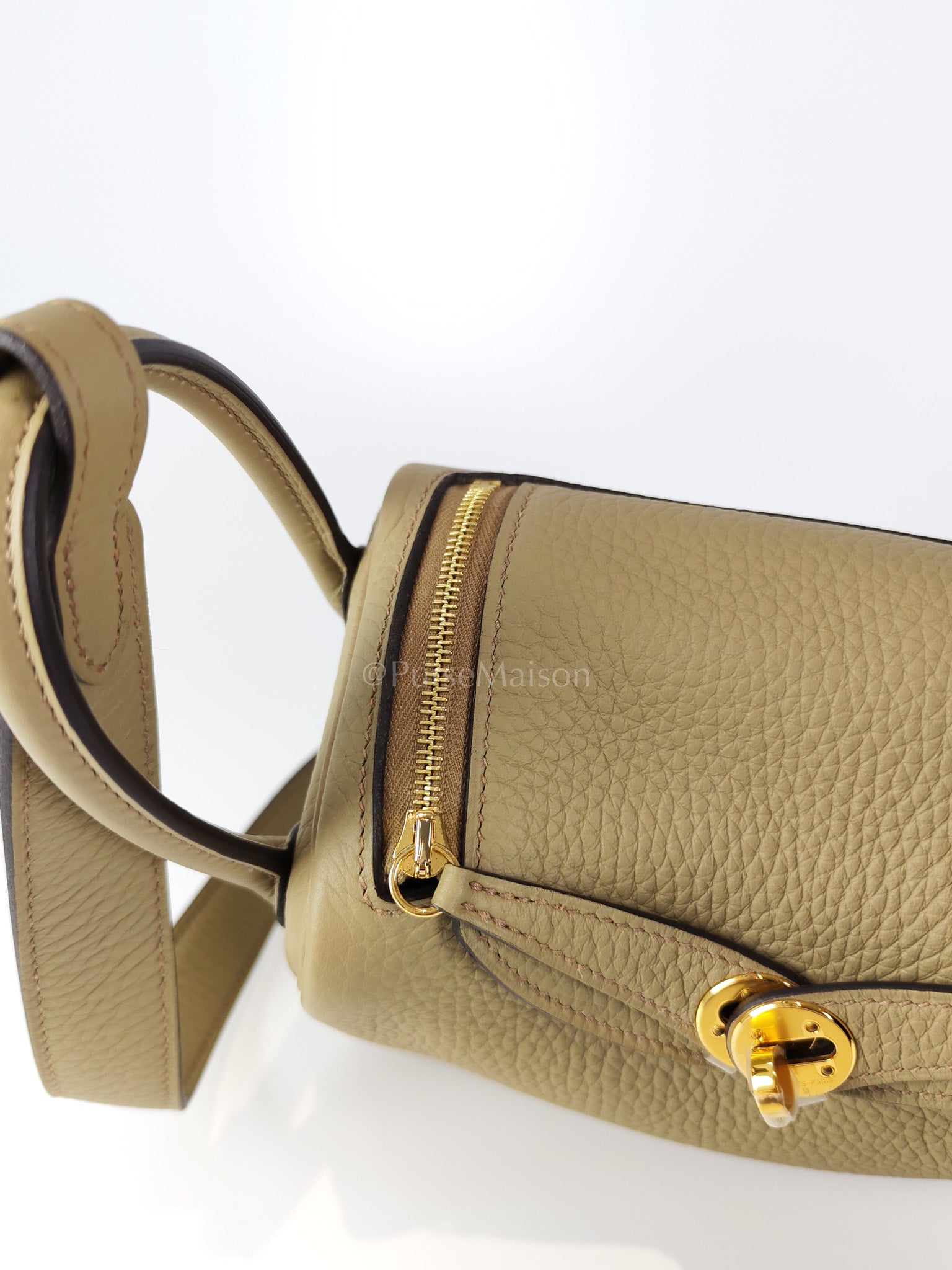 Mini Lindy Beige Marfa in Clemence Leather and Gold Hardware Stamp W (2024) | Purse Maison Luxury Bags Shop