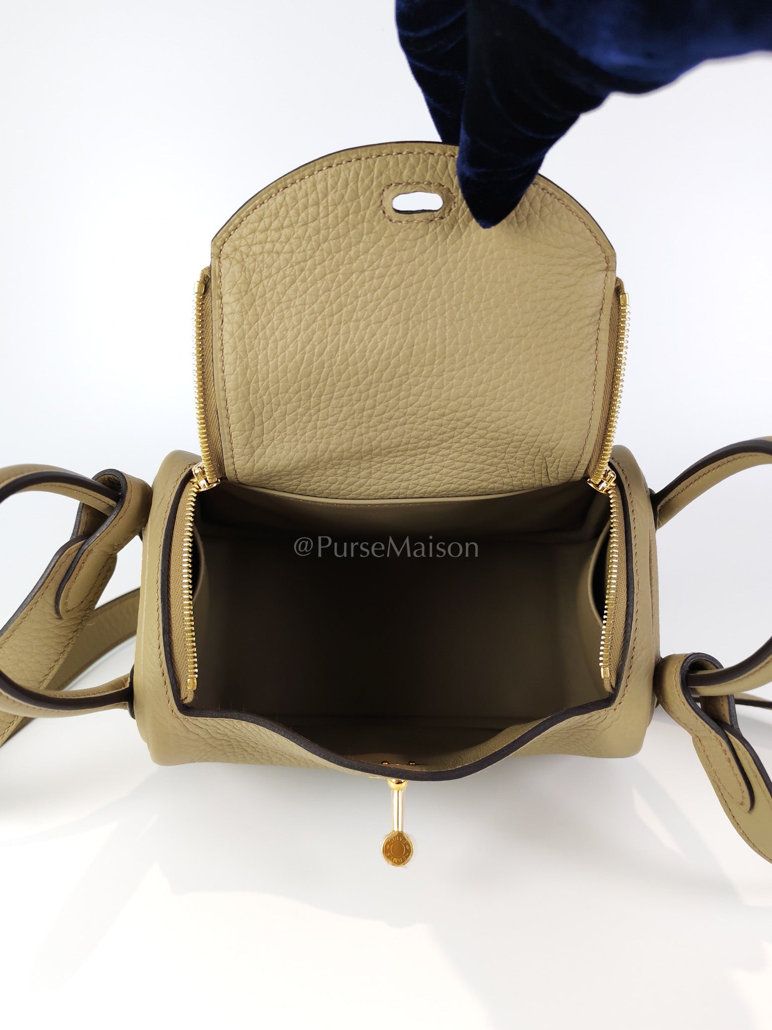 Mini Lindy Beige Marfa in Clemence Leather and Gold Hardware Stamp W (2024) | Purse Maison Luxury Bags Shop