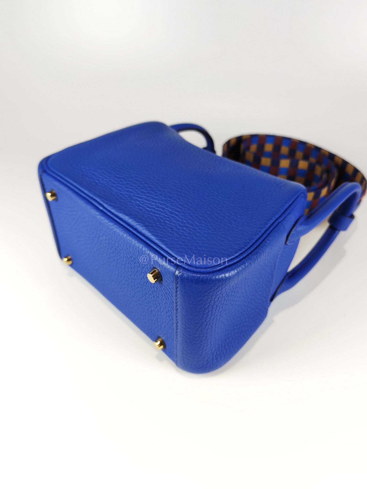 Mini Lindy Bleu Royal in Clemence Leather Maxi Quadrille Strap and Gold Hardware Stamp U (2022) | Purse Maison Luxury Bags Shop