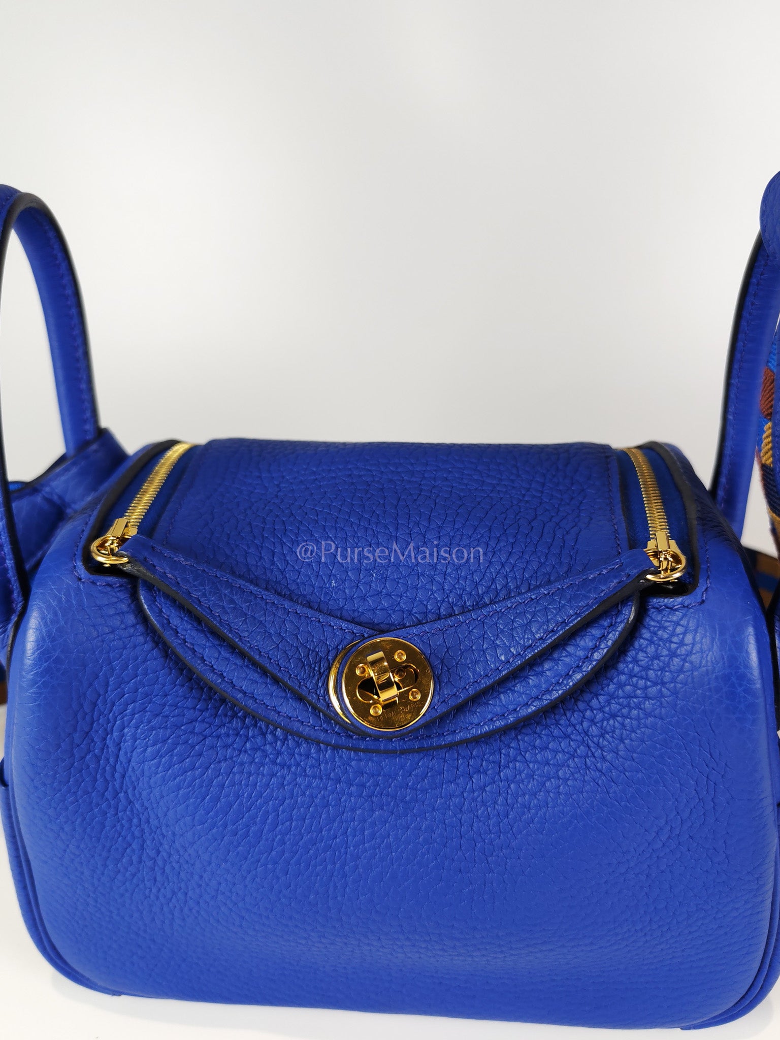 Mini Lindy Bleu Royal in Clemence Leather Maxi Quadrille Strap and Gold Hardware Stamp U (2022) | Purse Maison Luxury Bags Shop