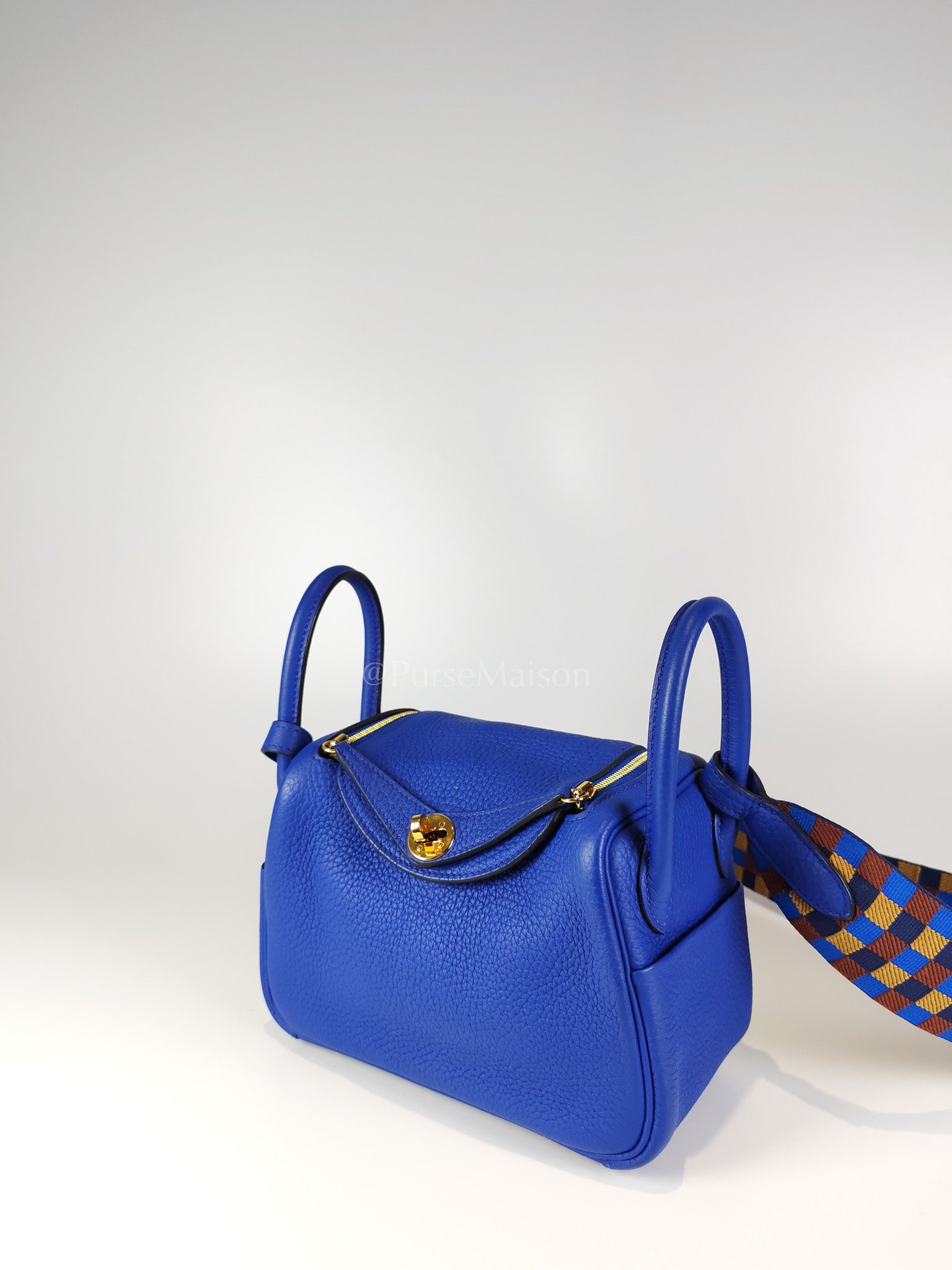 Mini Lindy Bleu Royal in Clemence Leather Maxi Quadrille Strap and Gold Hardware Stamp U (2022) | Purse Maison Luxury Bags Shop
