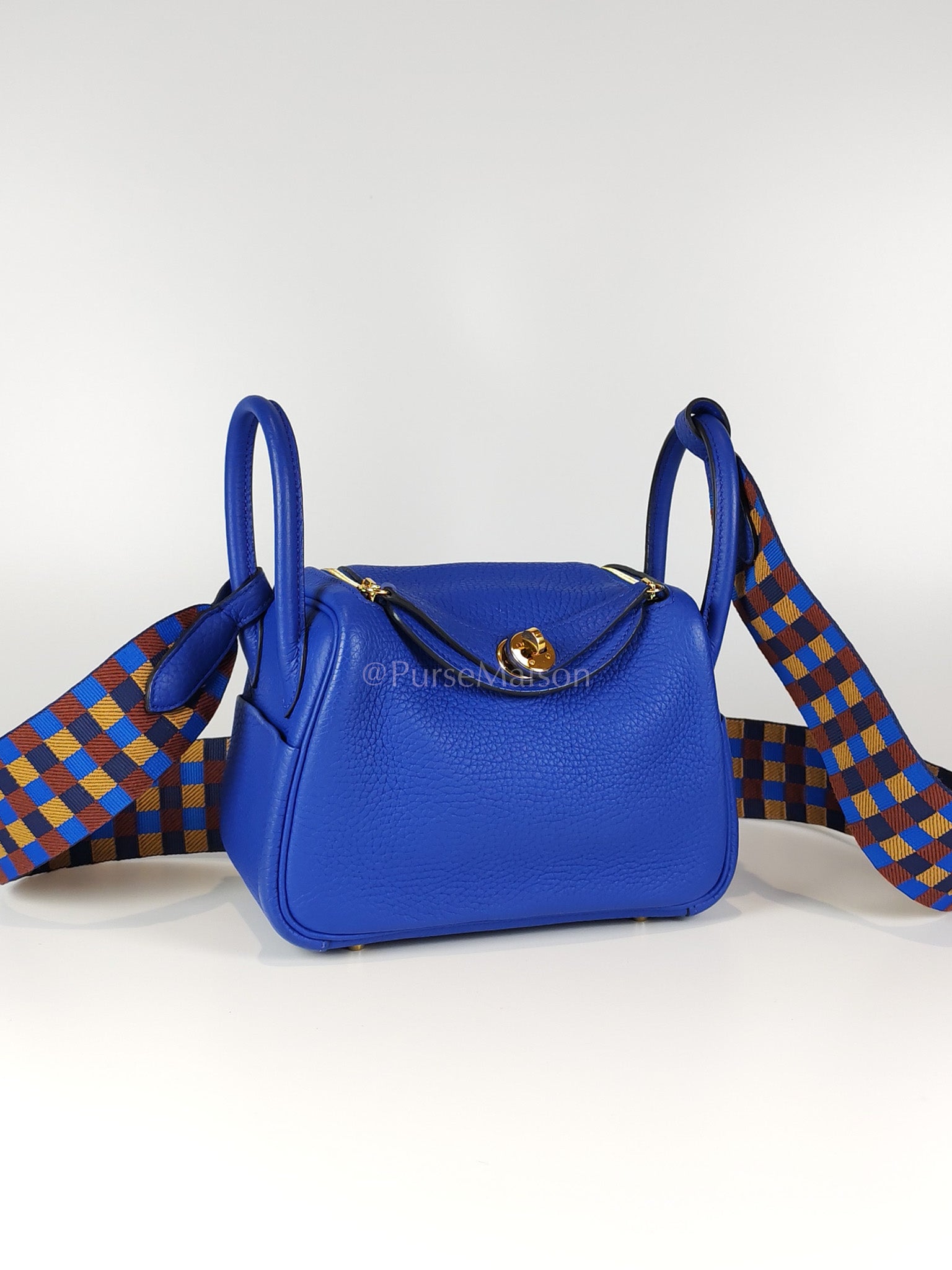 Mini Lindy Bleu Royal in Clemence Leather Maxi Quadrille Strap and Gold Hardware Stamp U (2022) | Purse Maison Luxury Bags Shop