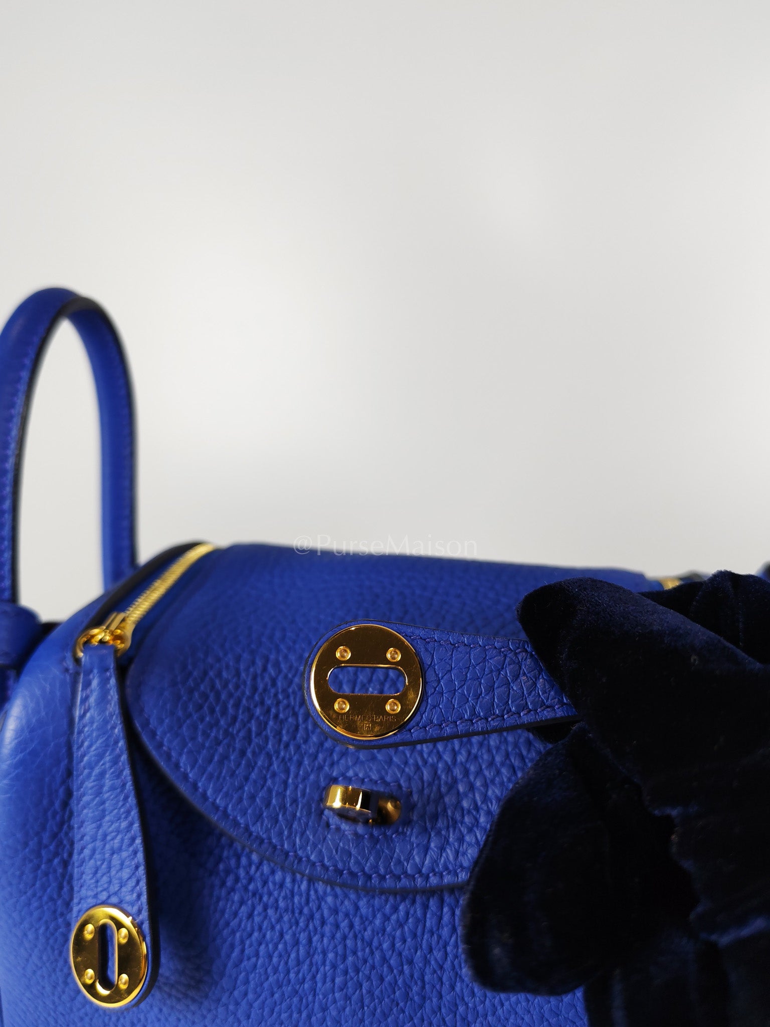 Mini Lindy Bleu Royal in Clemence Leather Maxi Quadrille Strap and Gold Hardware Stamp U (2022) | Purse Maison Luxury Bags Shop