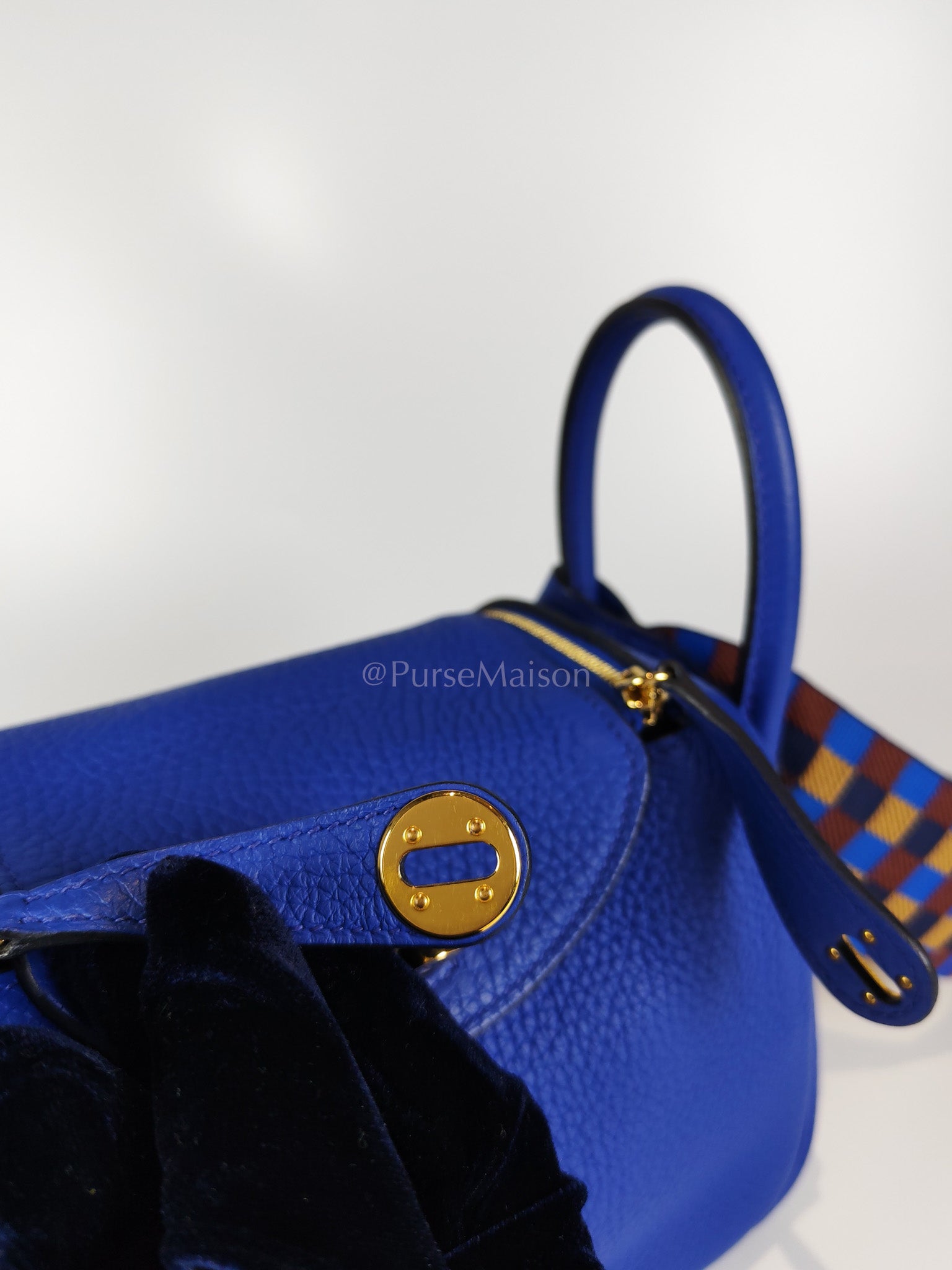 Mini Lindy Bleu Royal in Clemence Leather Maxi Quadrille Strap and Gold Hardware Stamp U (2022) | Purse Maison Luxury Bags Shop