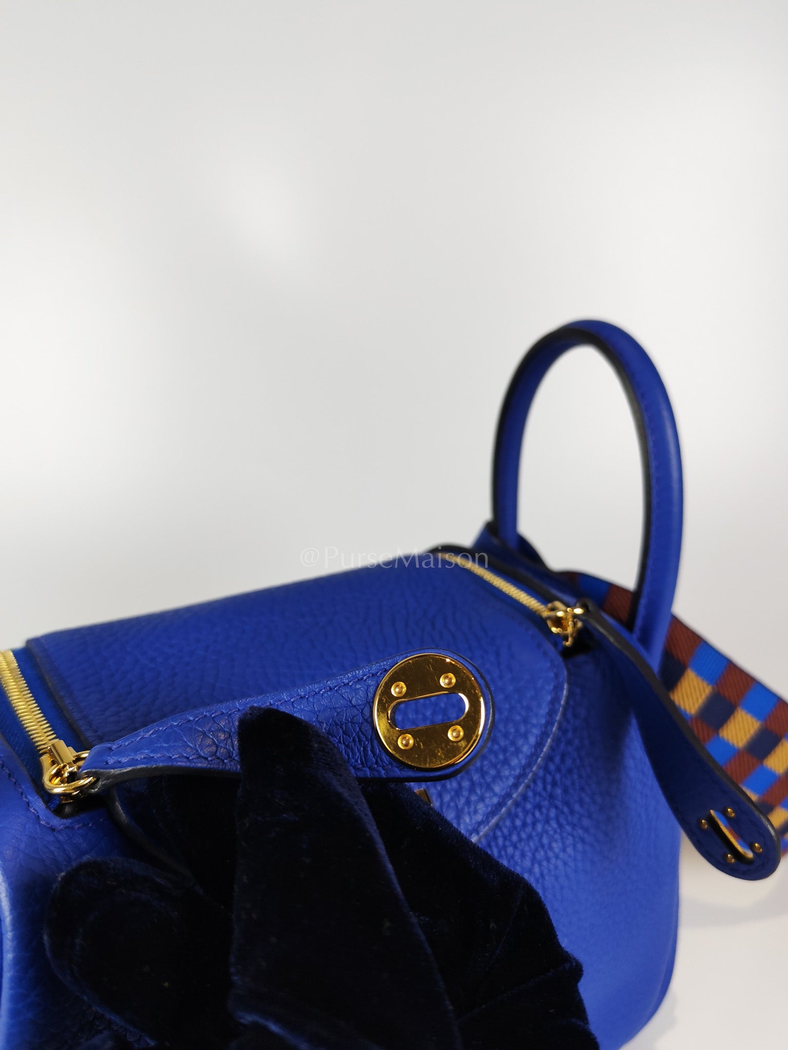 Mini Lindy Bleu Royal in Clemence Leather Maxi Quadrille Strap and Gold Hardware Stamp U (2022) | Purse Maison Luxury Bags Shop