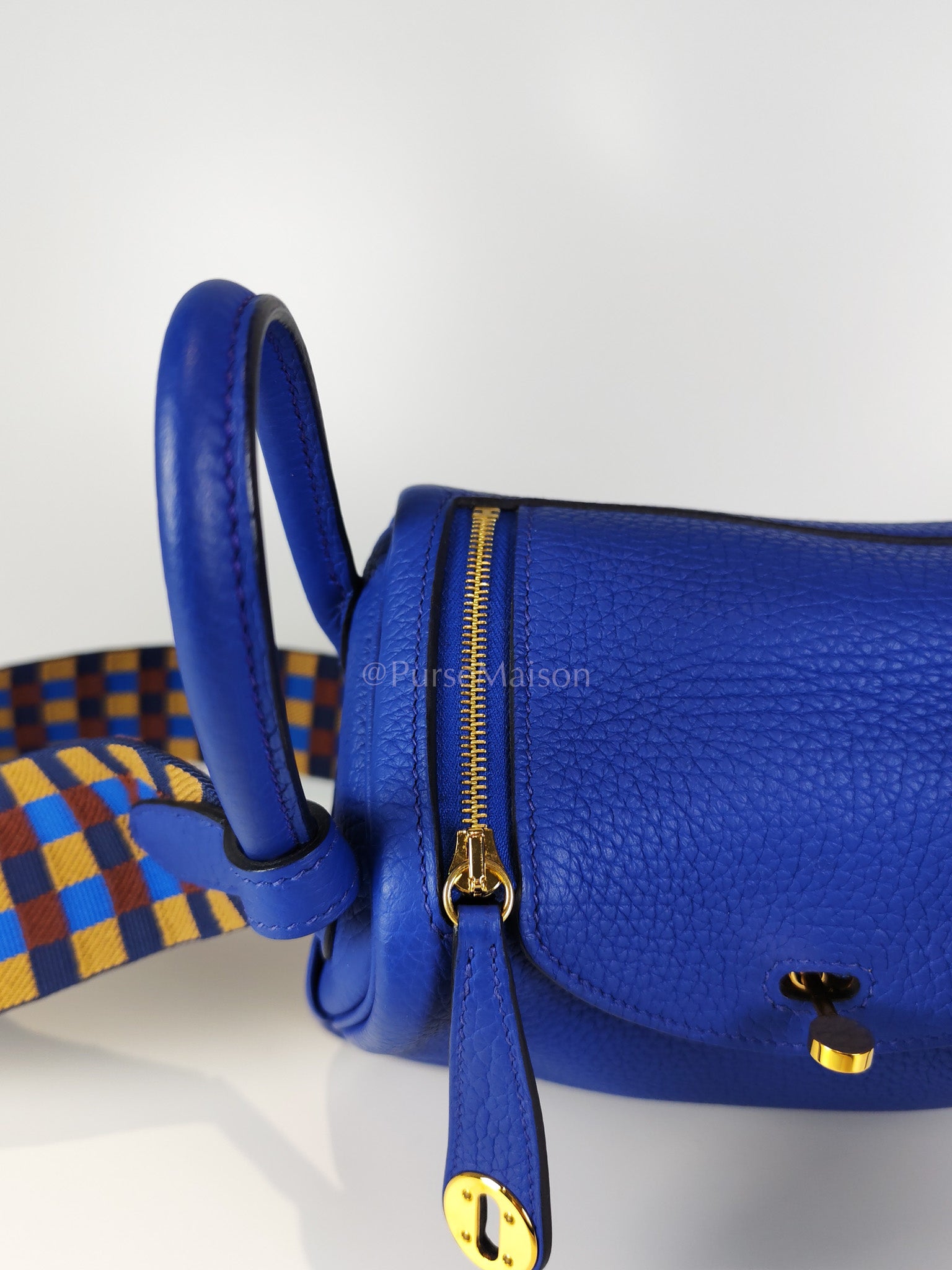 Mini Lindy Bleu Royal in Clemence Leather Maxi Quadrille Strap and Gold Hardware Stamp U (2022) | Purse Maison Luxury Bags Shop
