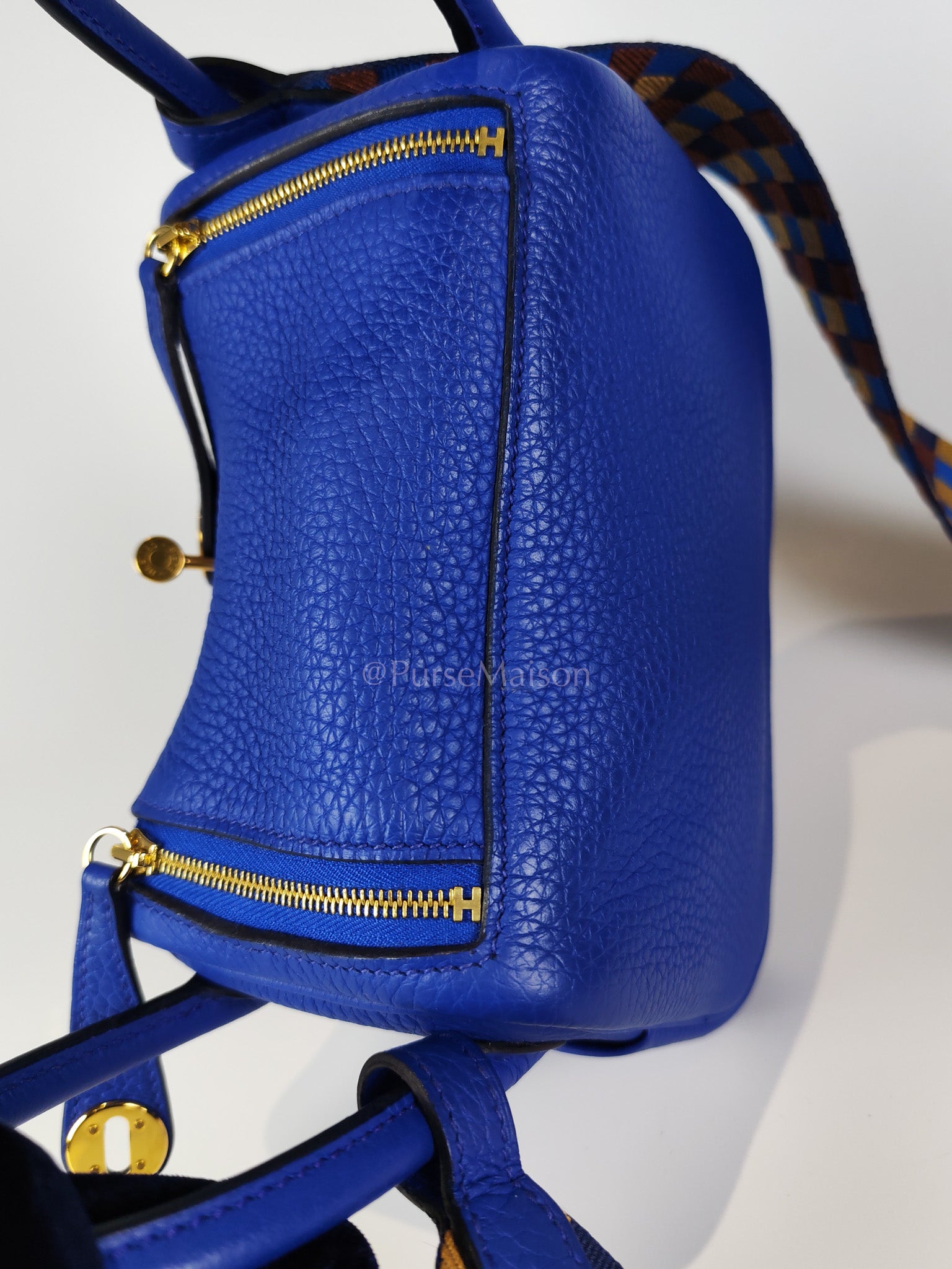 Mini Lindy Bleu Royal in Clemence Leather Maxi Quadrille Strap and Gold Hardware Stamp U (2022) | Purse Maison Luxury Bags Shop