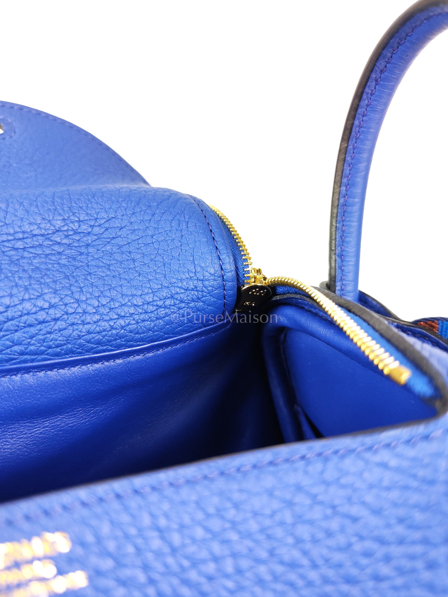 Mini Lindy Bleu Royal in Clemence Leather Maxi Quadrille Strap and Gold Hardware Stamp U (2022) | Purse Maison Luxury Bags Shop
