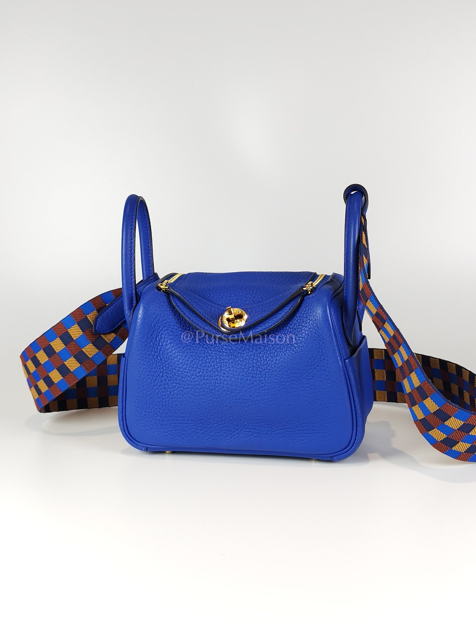 Mini Lindy Bleu Royal in Clemence Leather Maxi Quadrille Strap and Gold Hardware Stamp U (2022) | Purse Maison Luxury Bags Shop