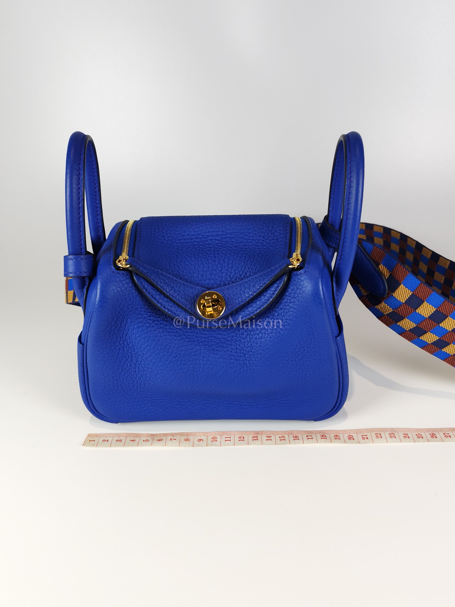 Mini Lindy Bleu Royal in Clemence Leather Maxi Quadrille Strap and Gold Hardware Stamp U (2022) | Purse Maison Luxury Bags Shop