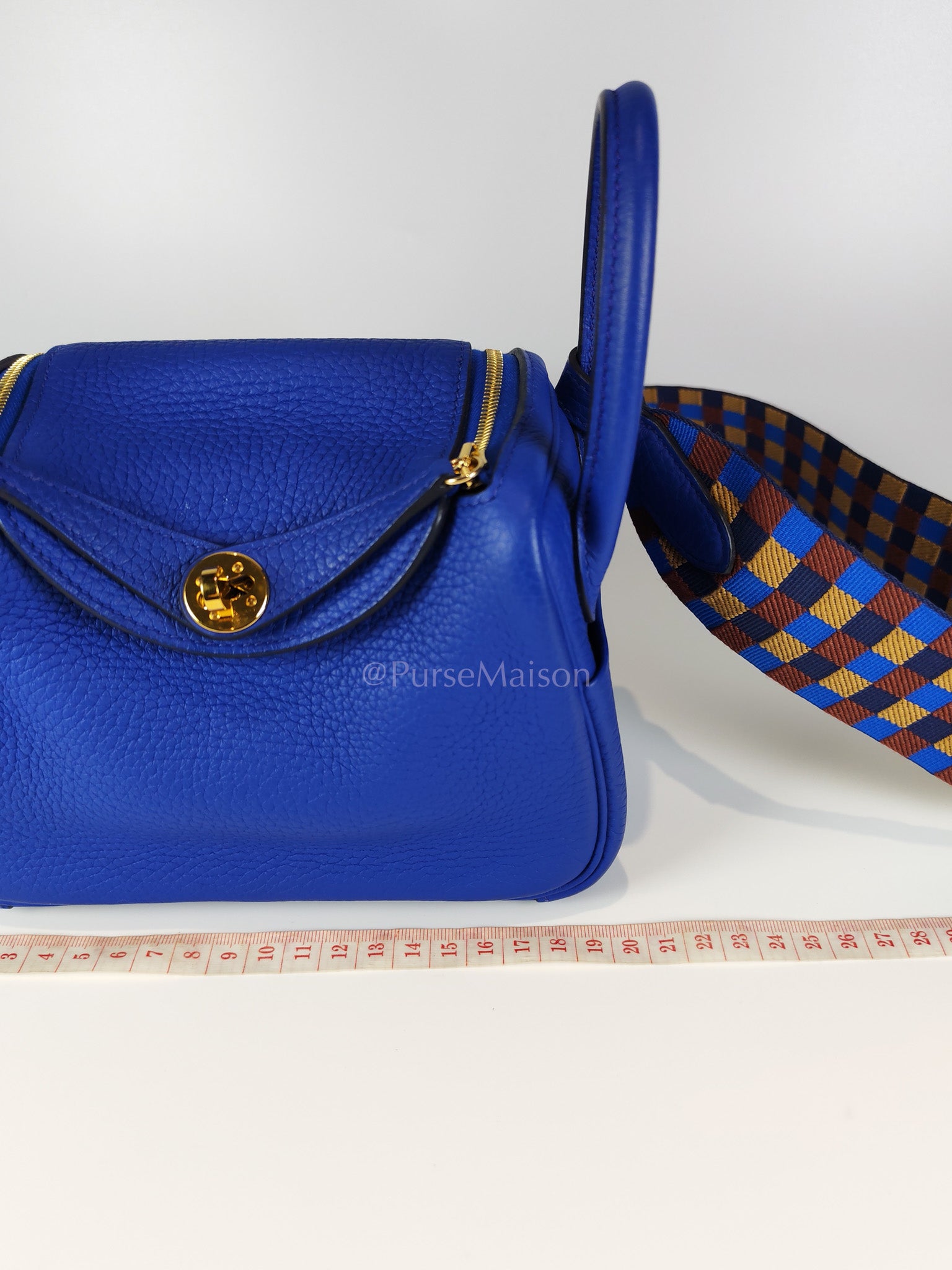 Mini Lindy Bleu Royal in Clemence Leather Maxi Quadrille Strap and Gold Hardware Stamp U (2022) | Purse Maison Luxury Bags Shop