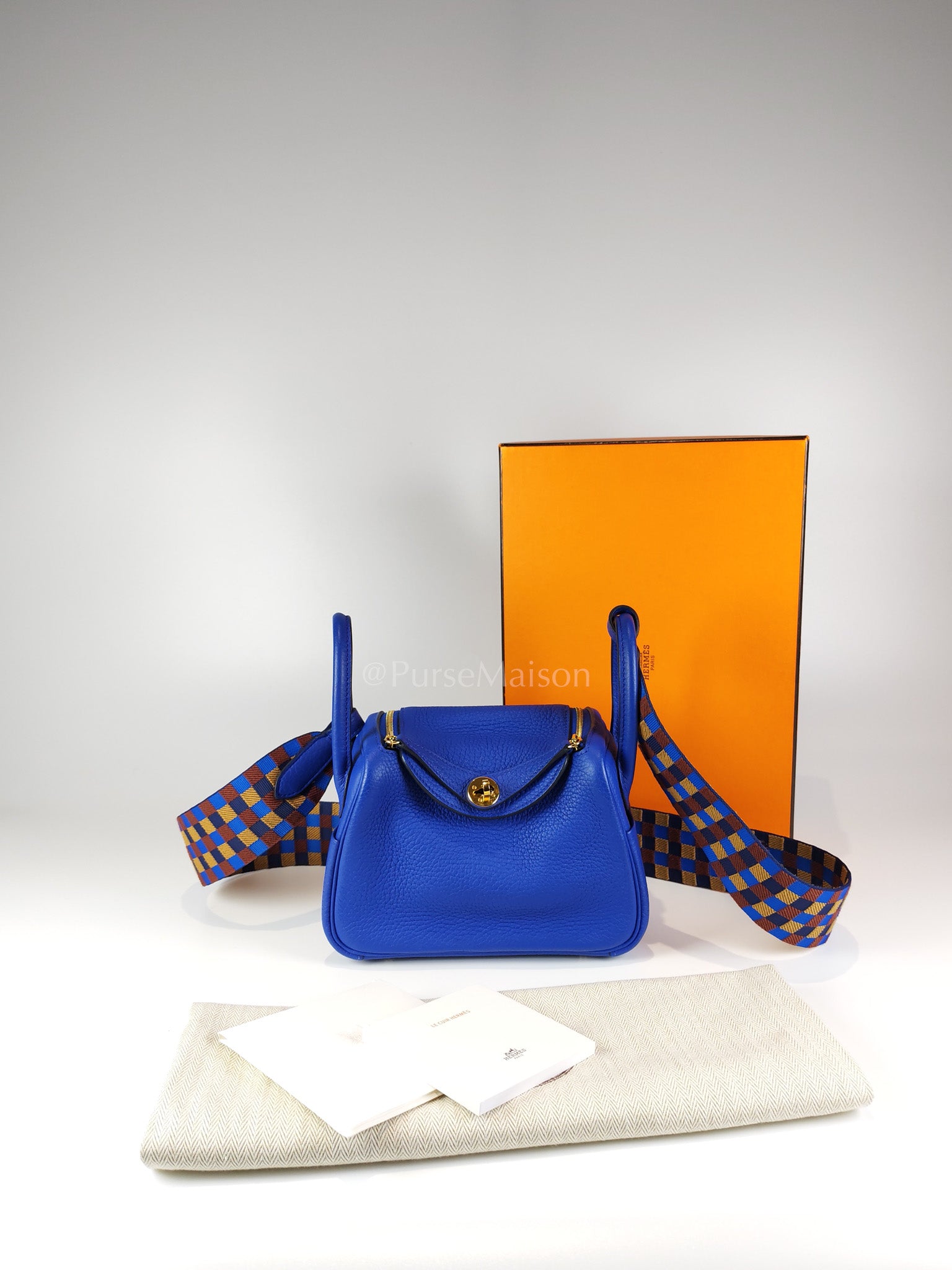 Mini Lindy Bleu Royal in Clemence Leather Maxi Quadrille Strap and Gold Hardware Stamp U (2022) | Purse Maison Luxury Bags Shop