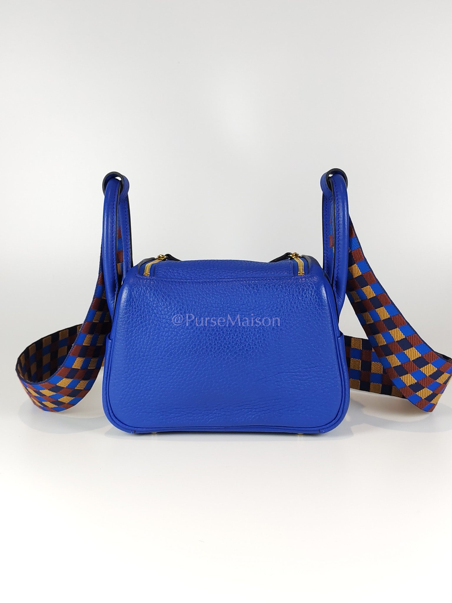 Mini Lindy Bleu Royal in Clemence Leather Maxi Quadrille Strap and Gold Hardware Stamp U (2022) | Purse Maison Luxury Bags Shop