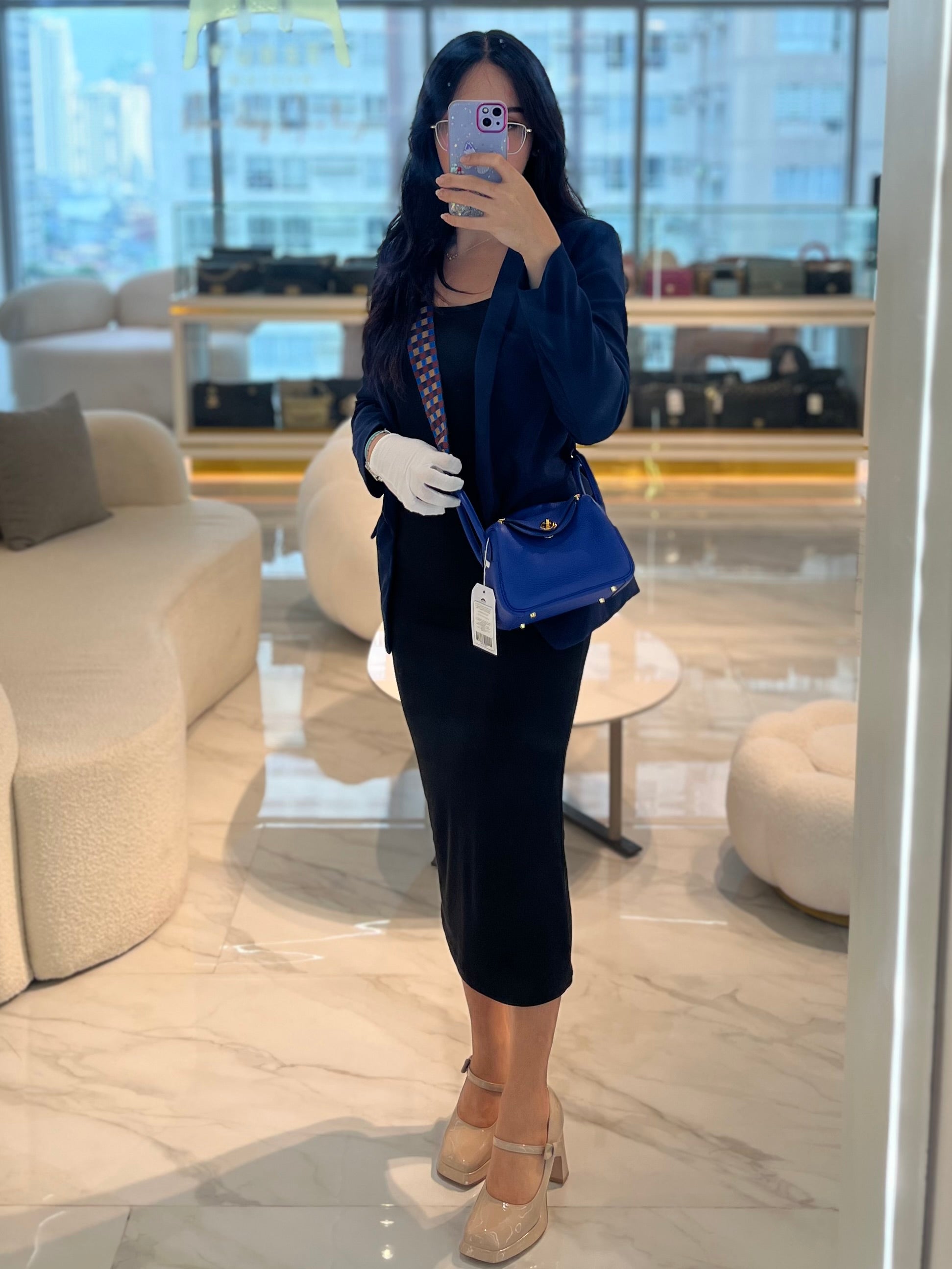 Mini Lindy Bleu Royal in Clemence Leather Maxi Quadrille Strap and Gold Hardware Stamp U (2022) | Purse Maison Luxury Bags Shop