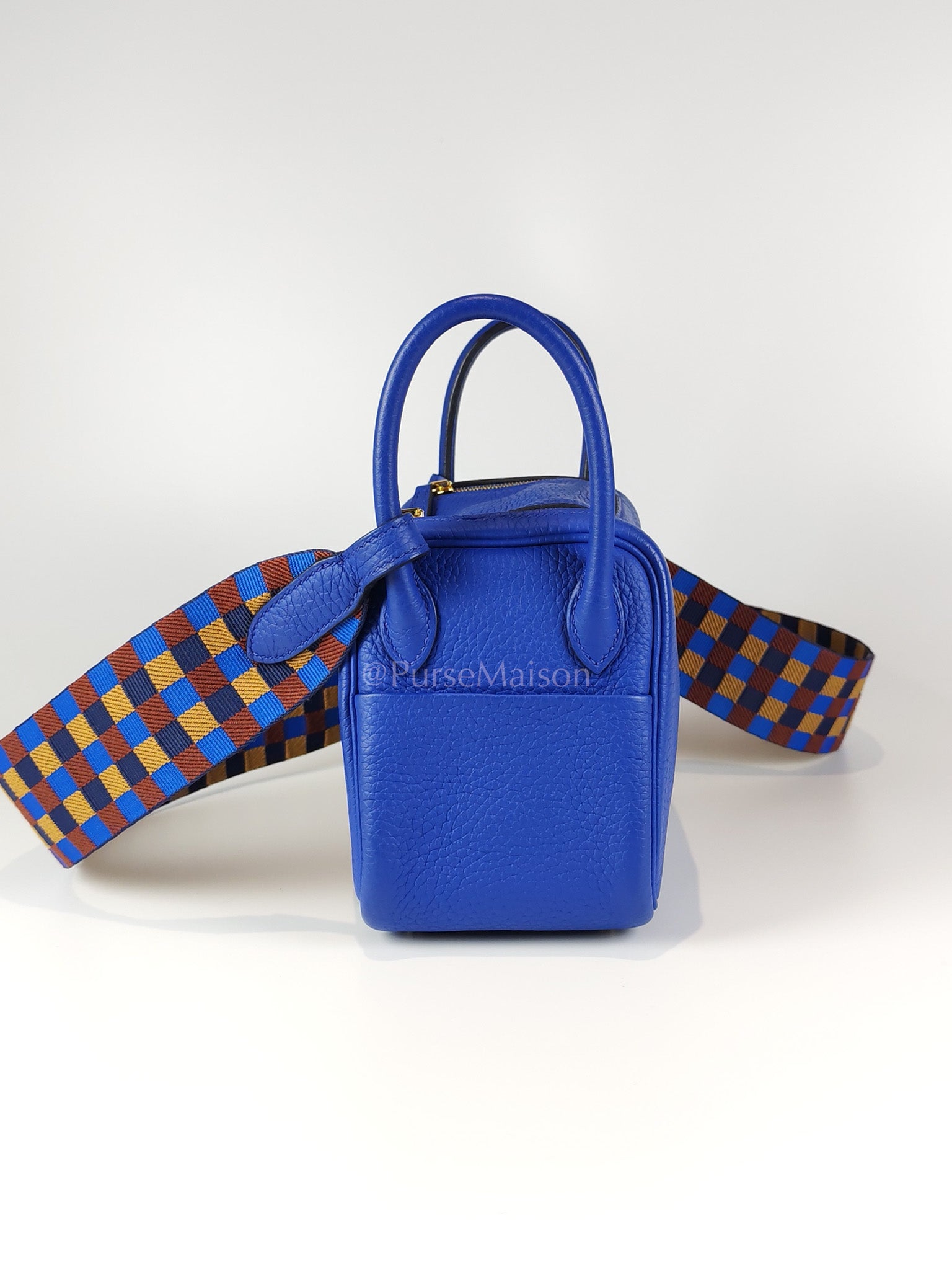 Mini Lindy Bleu Royal in Clemence Leather Maxi Quadrille Strap and Gold Hardware Stamp U (2022) | Purse Maison Luxury Bags Shop