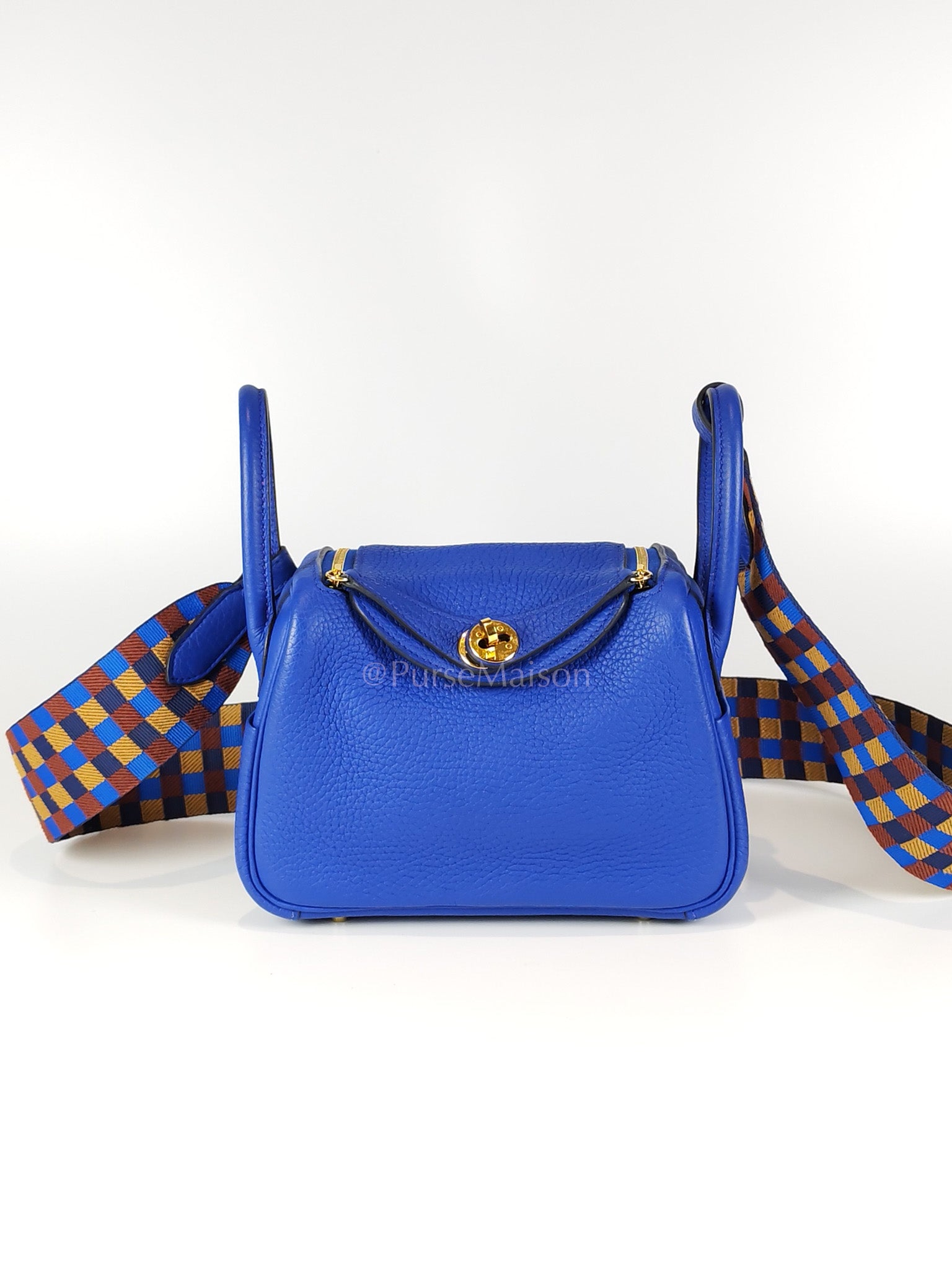 Mini Lindy Bleu Royal in Clemence Leather Maxi Quadrille Strap and Gold Hardware Stamp U (2022) | Purse Maison Luxury Bags Shop