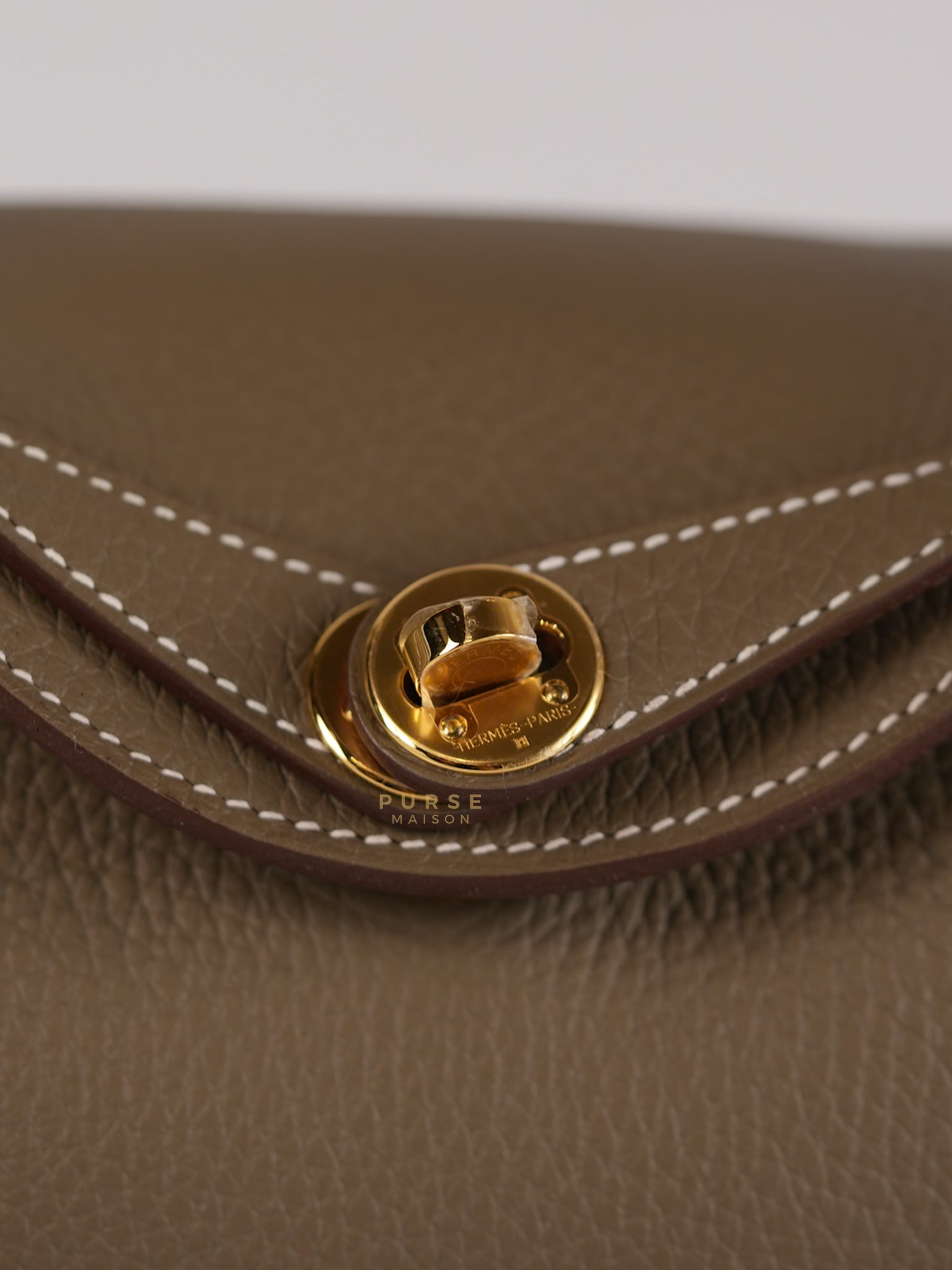 Mini Lindy Etoupe in Taurillion Clemence Leather and Gold Hardware Stamp W (2024) | Purse Maison Luxury Bags Shop
