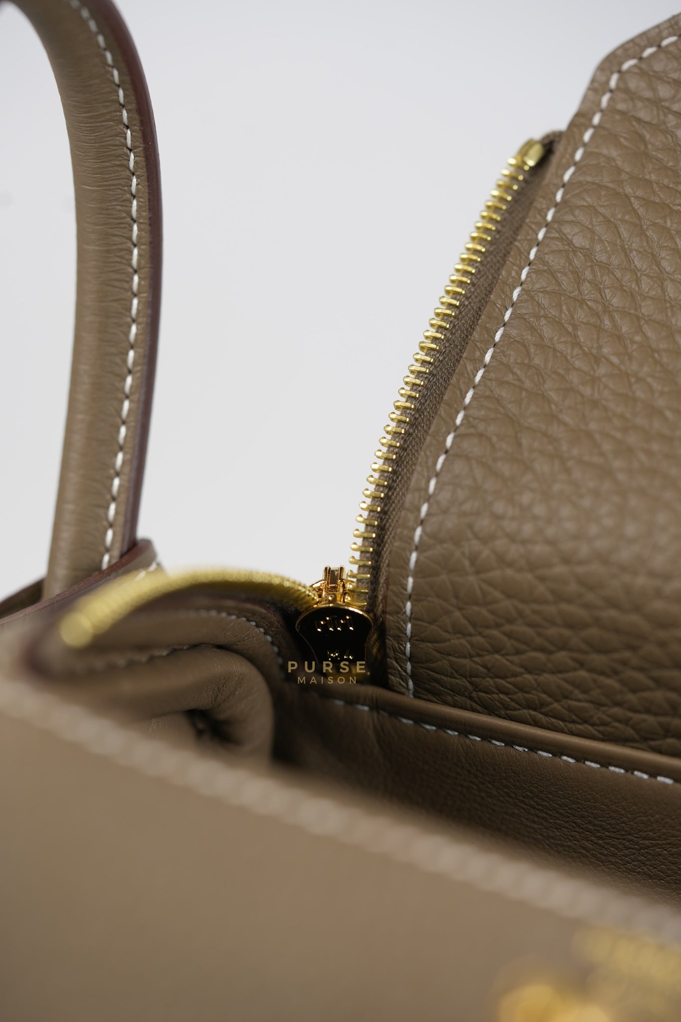Mini Lindy Etoupe in Taurillion Clemence Leather and Gold Hardware Stamp W (2024) | Purse Maison Luxury Bags Shop