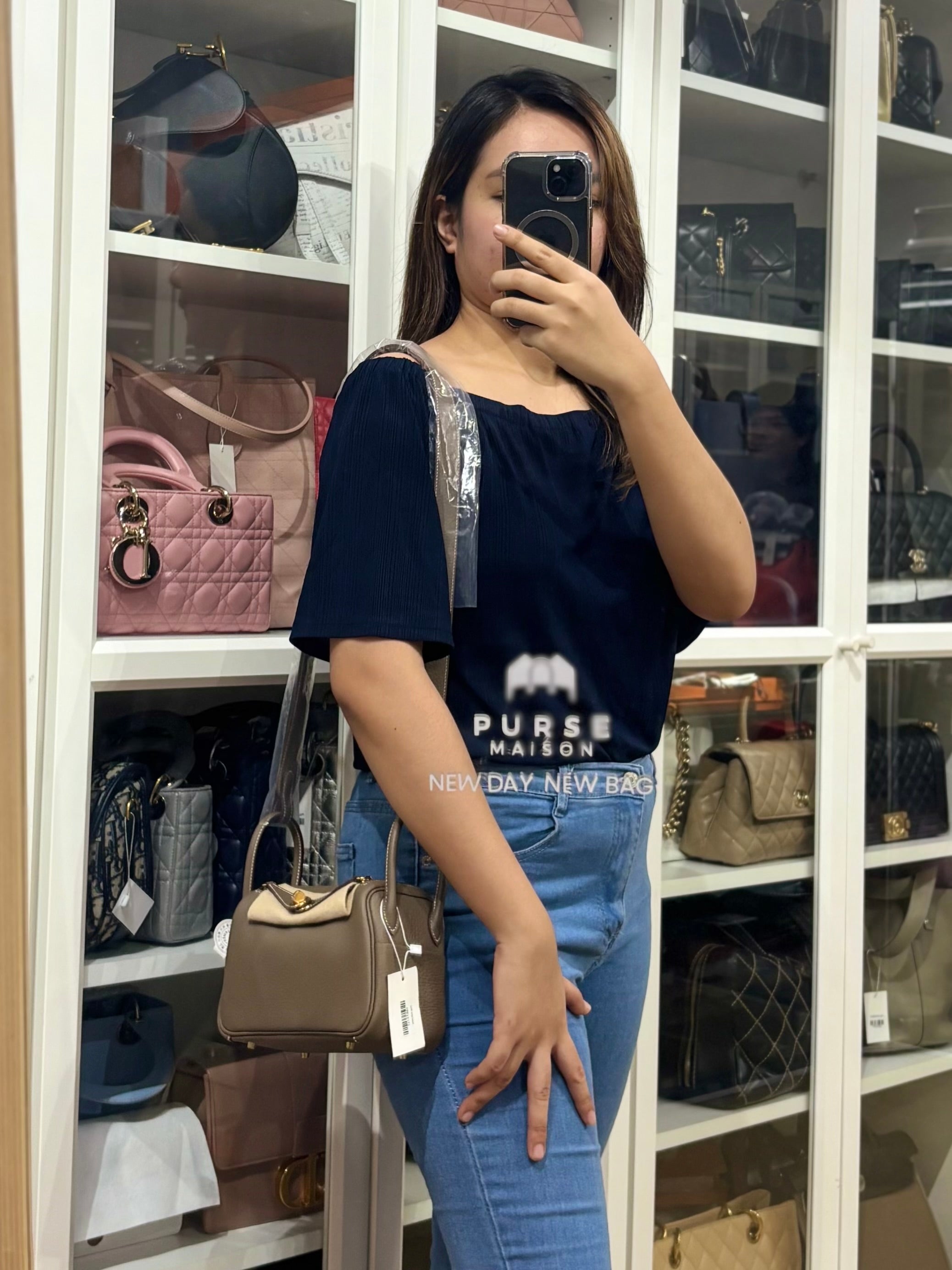 Mini Lindy Etoupe in Taurillion Clemence Leather and Gold Hardware Stamp W (2024) | Purse Maison Luxury Bags Shop