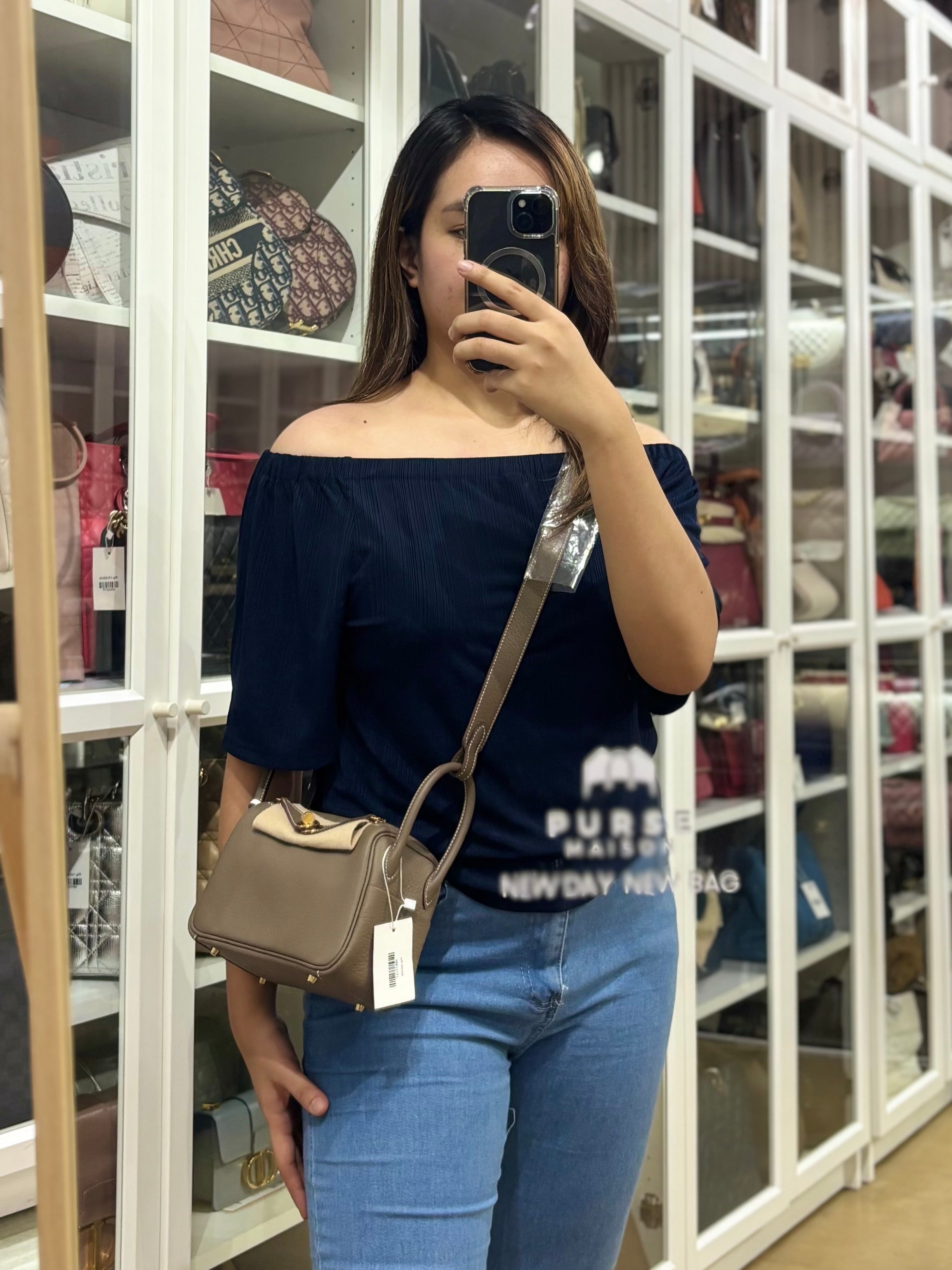 Mini Lindy Etoupe in Taurillion Clemence Leather and Gold Hardware Stamp W (2024) | Purse Maison Luxury Bags Shop