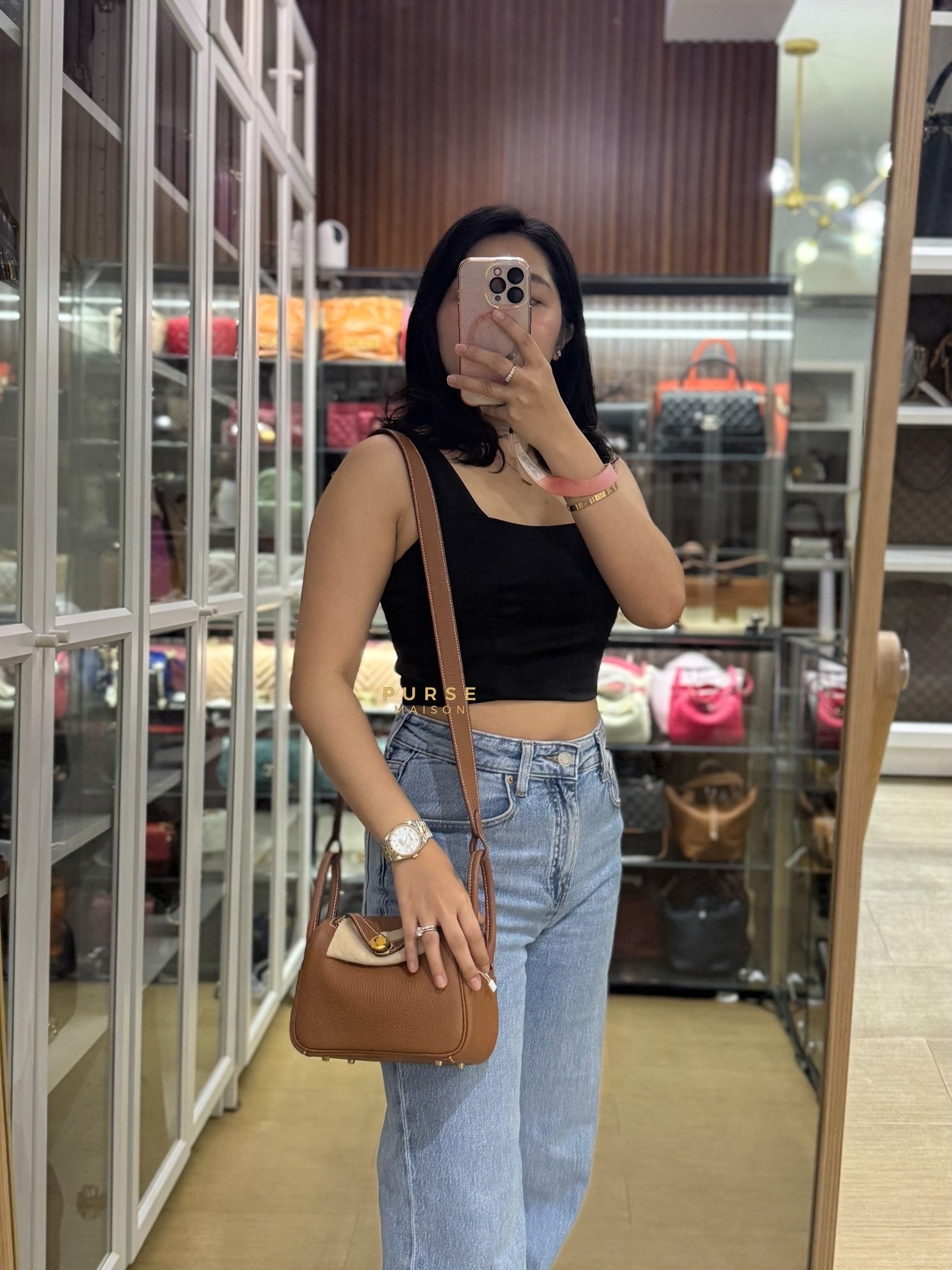 Mini Lindy Gold Clemence Leather in Gold Hardware Stamp U | Purse Maison Luxury Bags Shop