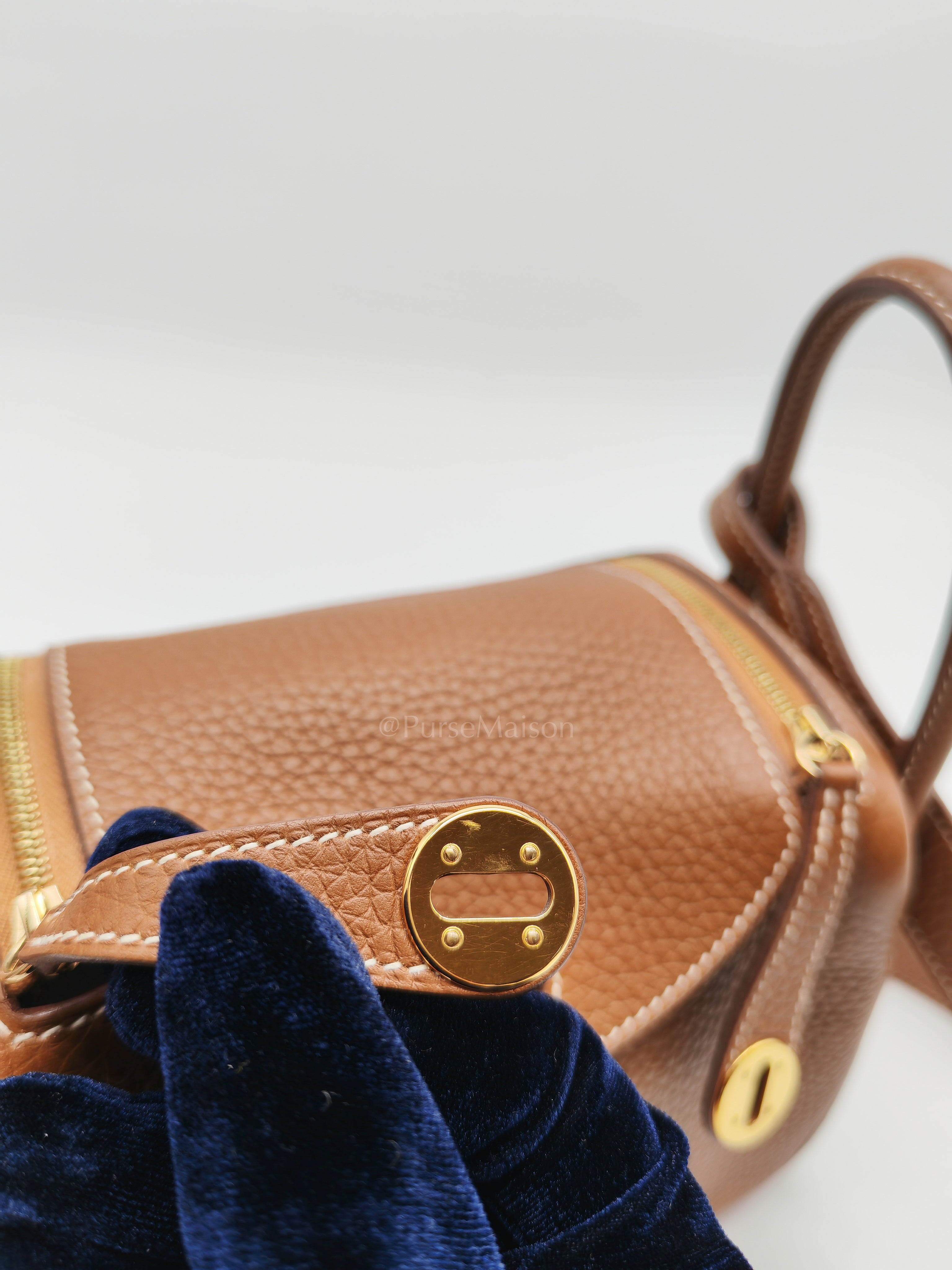 Mini Lindy in Gold Clemence Leather & Gold Hardware Stamp B (2023) | Purse Maison Luxury Bags Shop