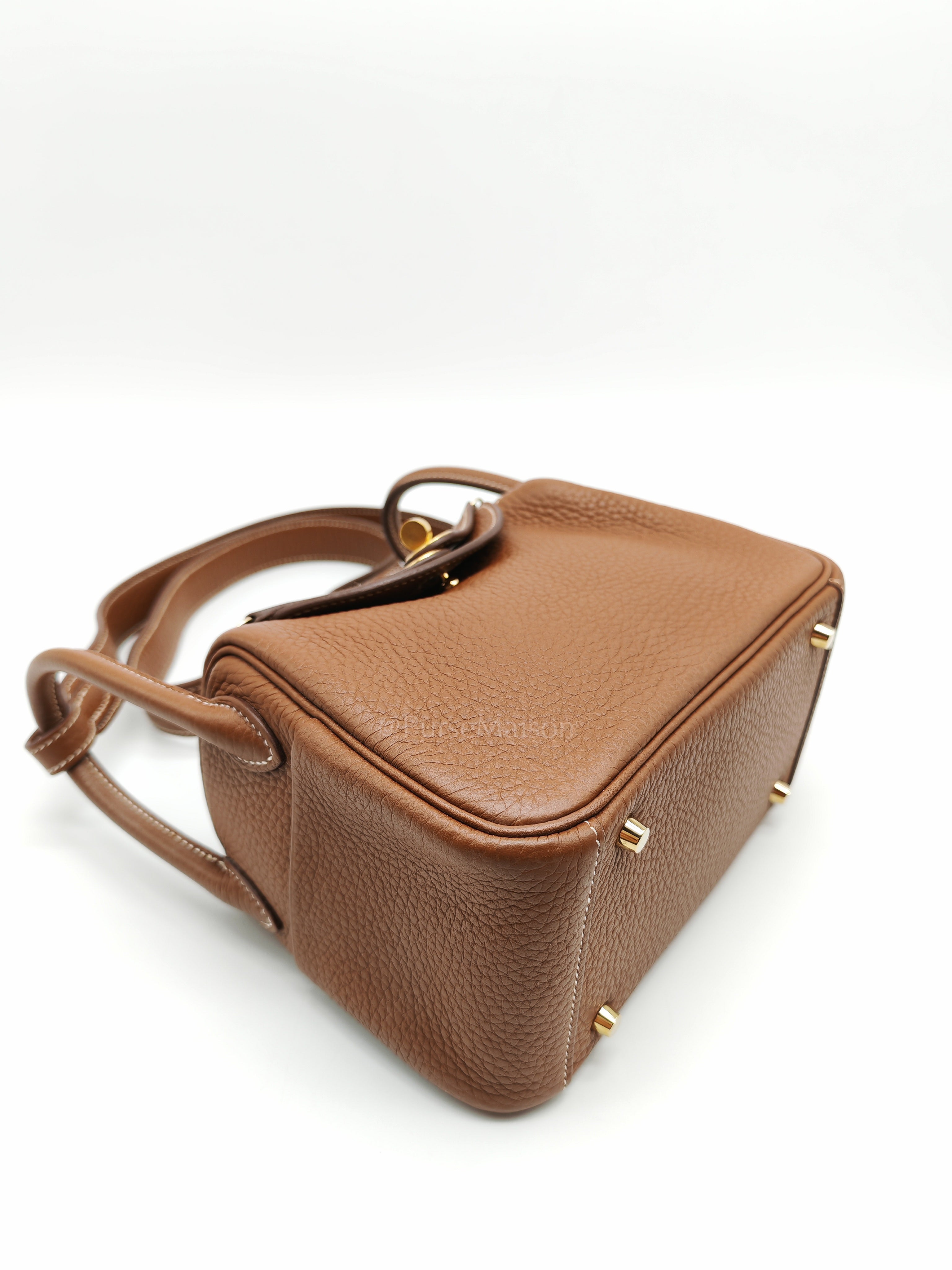 Mini Lindy in Gold Clemence Leather & Gold Hardware Stamp B (2023) | Purse Maison Luxury Bags Shop