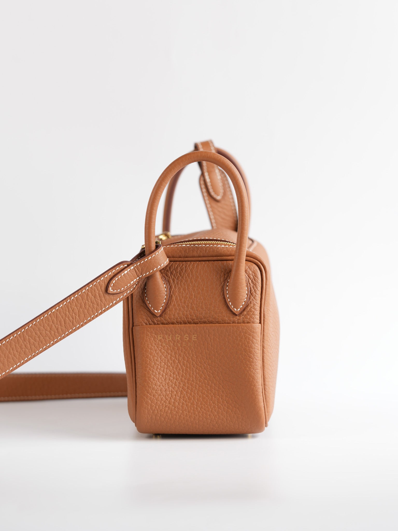 Mini Lindy in Gold Taurillon Clémence Leather with Gold Hardware, Stamp W (2024) | Purse Maison Luxury Bags Shop