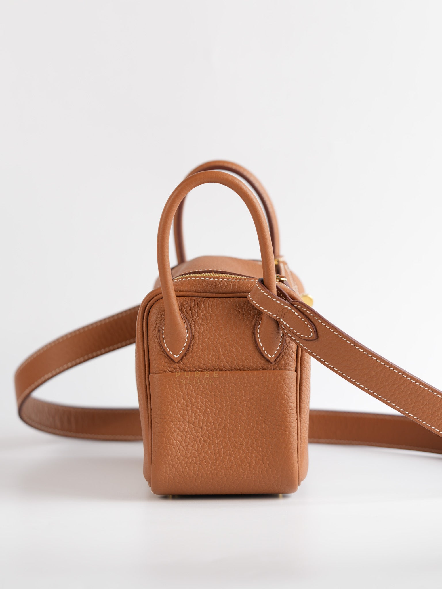 Mini Lindy in Gold Taurillon Clémence Leather with Gold Hardware, Stamp W (2024) | Purse Maison Luxury Bags Shop