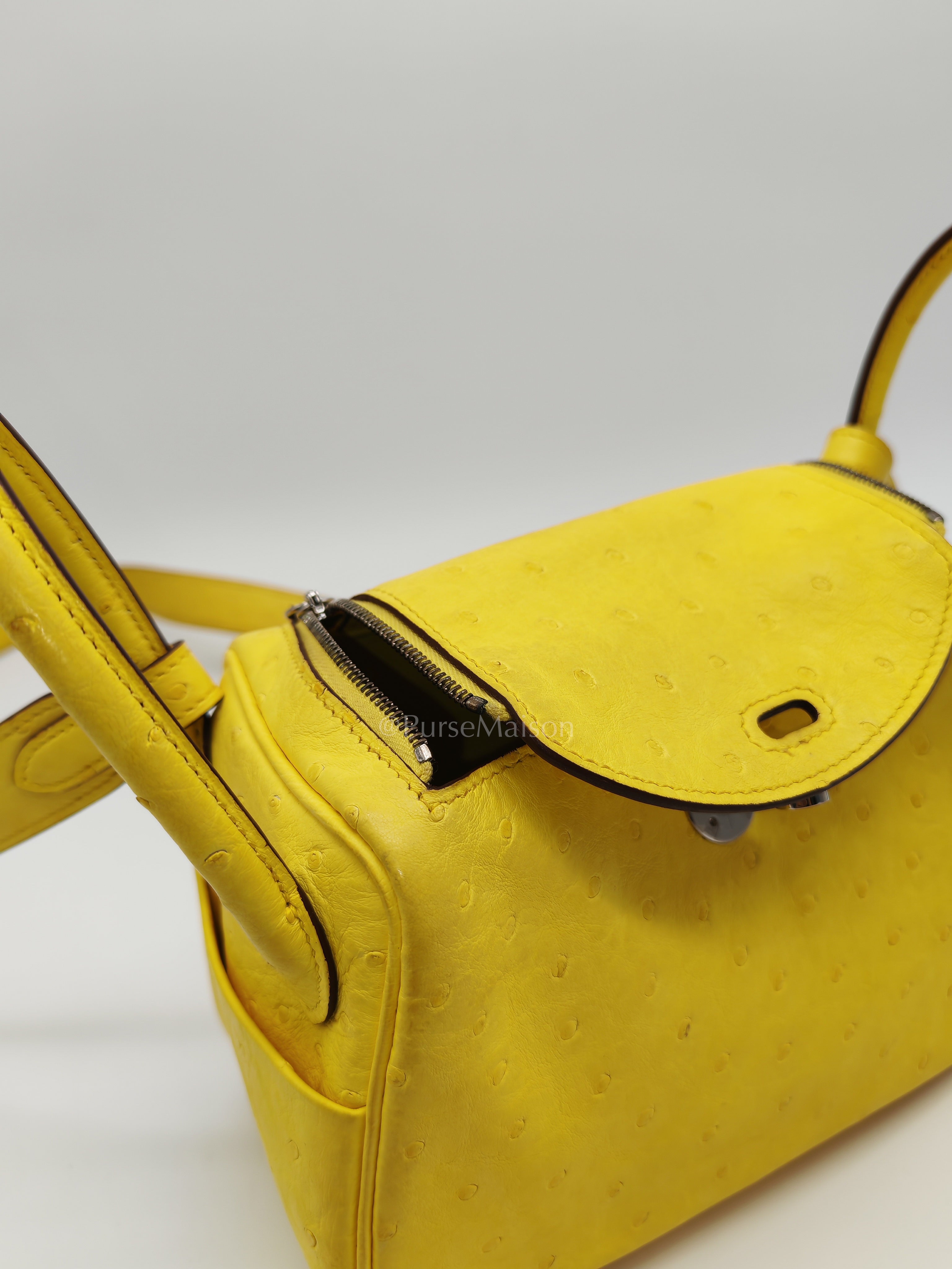 Mini Lindy in Joune Ostrich Leather & Palladium Hardware Stamp Y (2020) | Purse Maison Luxury Bags Shop
