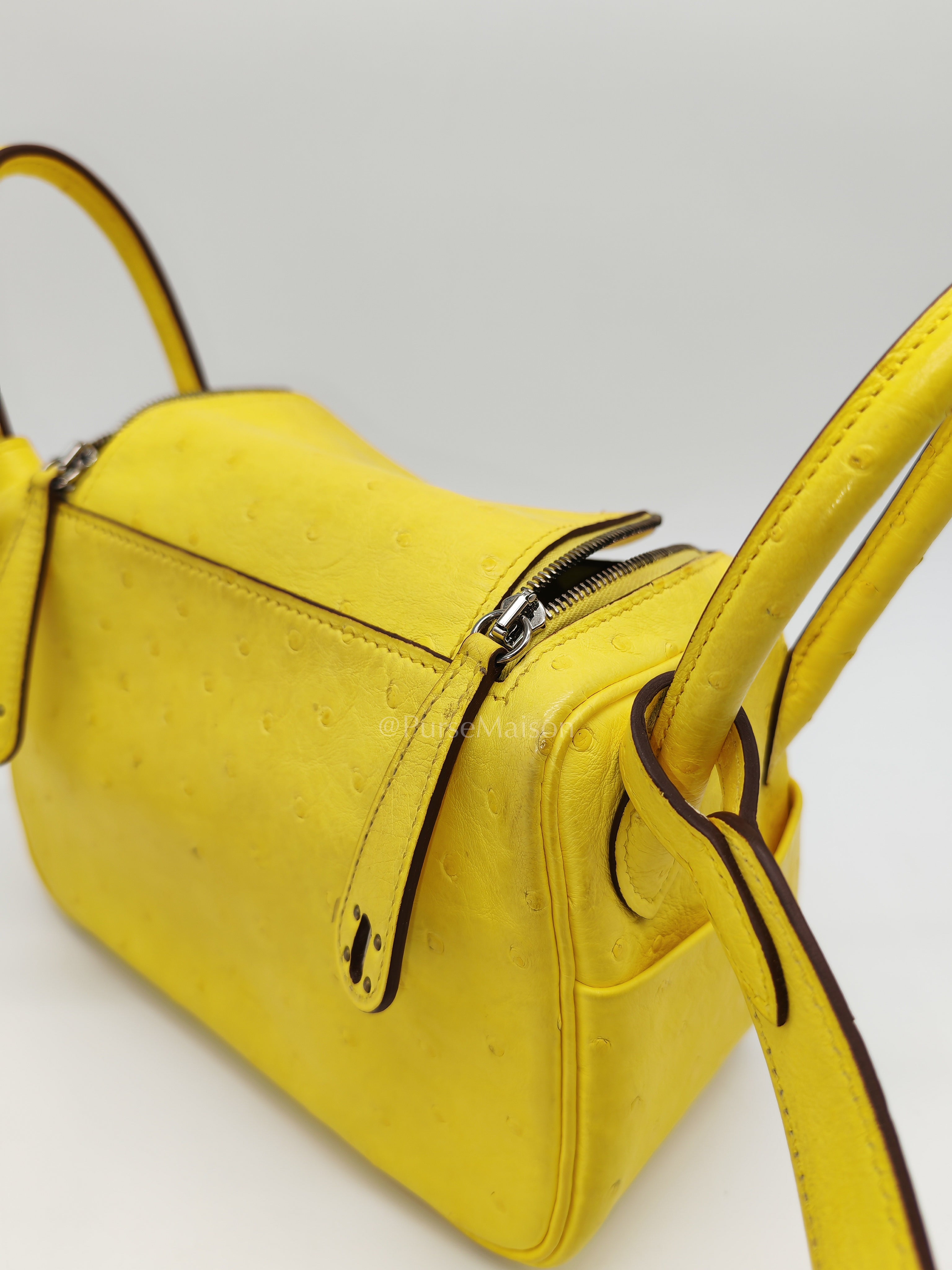 Mini Lindy in Joune Ostrich Leather & Palladium Hardware Stamp Y (2020) | Purse Maison Luxury Bags Shop