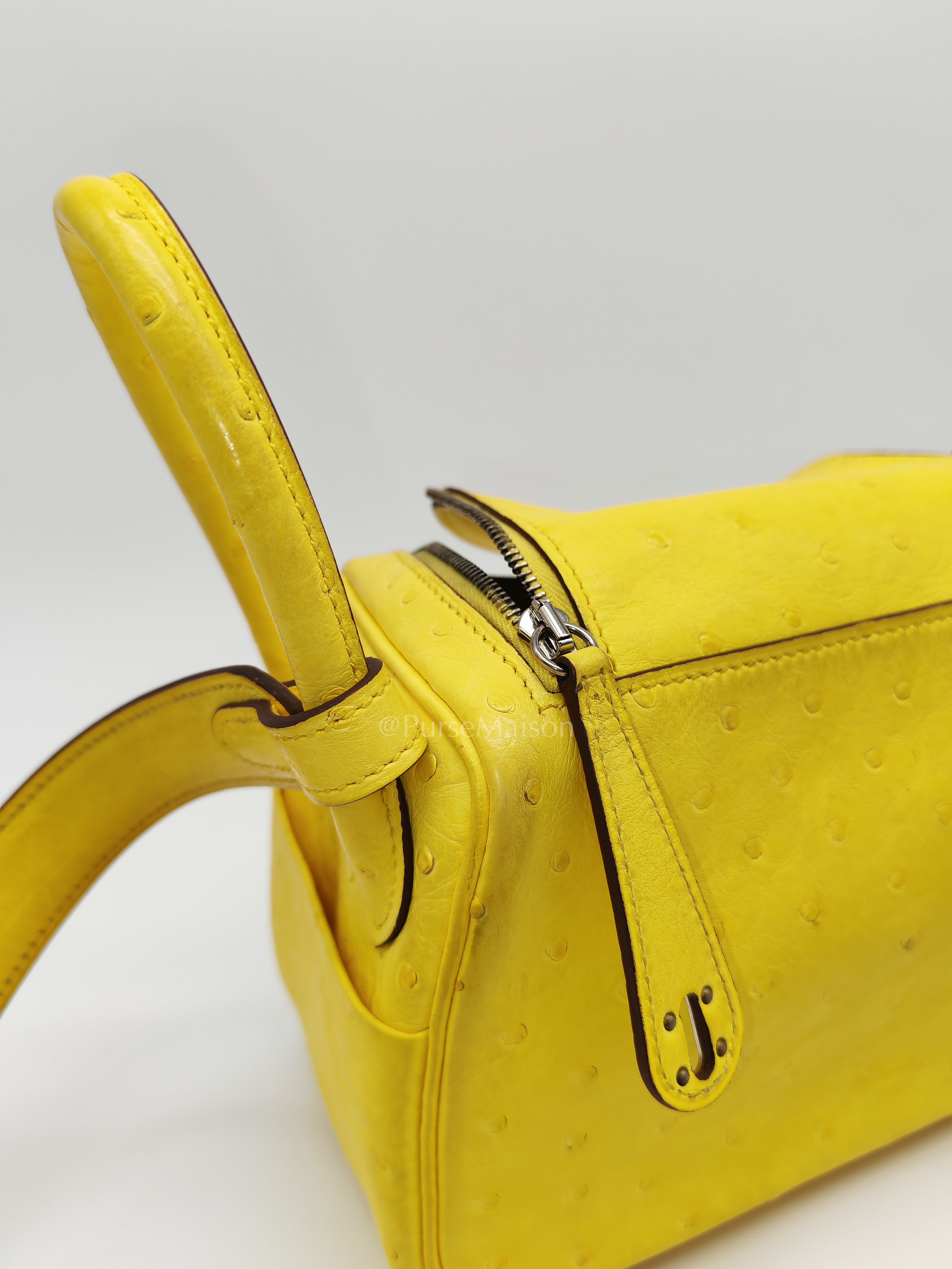 Mini Lindy in Joune Ostrich Leather & Palladium Hardware Stamp Y (2020) | Purse Maison Luxury Bags Shop