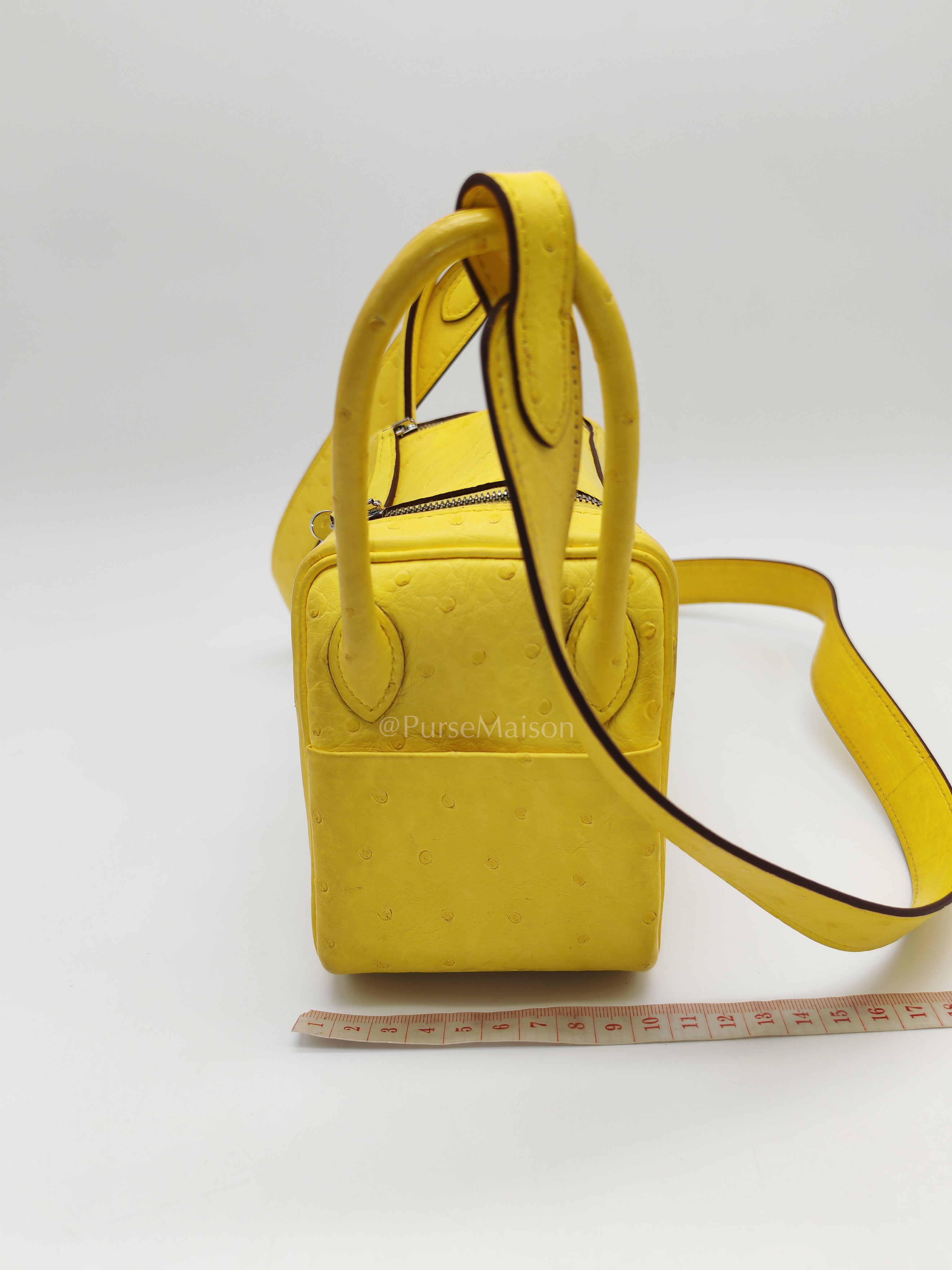 Mini Lindy in Joune Ostrich Leather & Palladium Hardware Stamp Y (2020) | Purse Maison Luxury Bags Shop