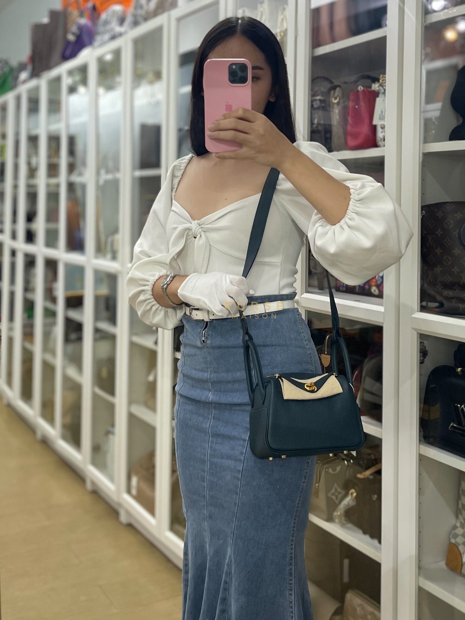 Mini Lindy in Vert Cypress Taurillon Clemence Leather and Gold Hardware Stamp W (2024) | Purse Maison Luxury Bags Shop