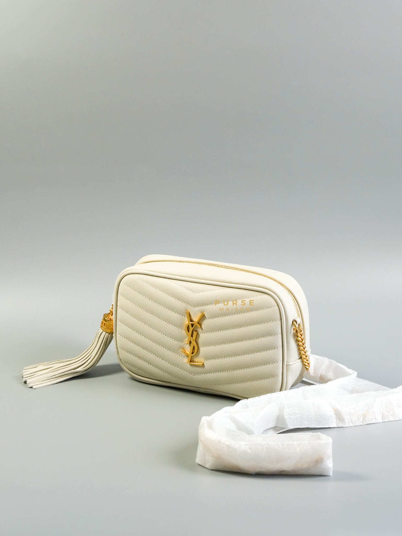 Mini Lou Camera Chain Bag White in Gold Hardware | Purse Maison Luxury Bags Shop