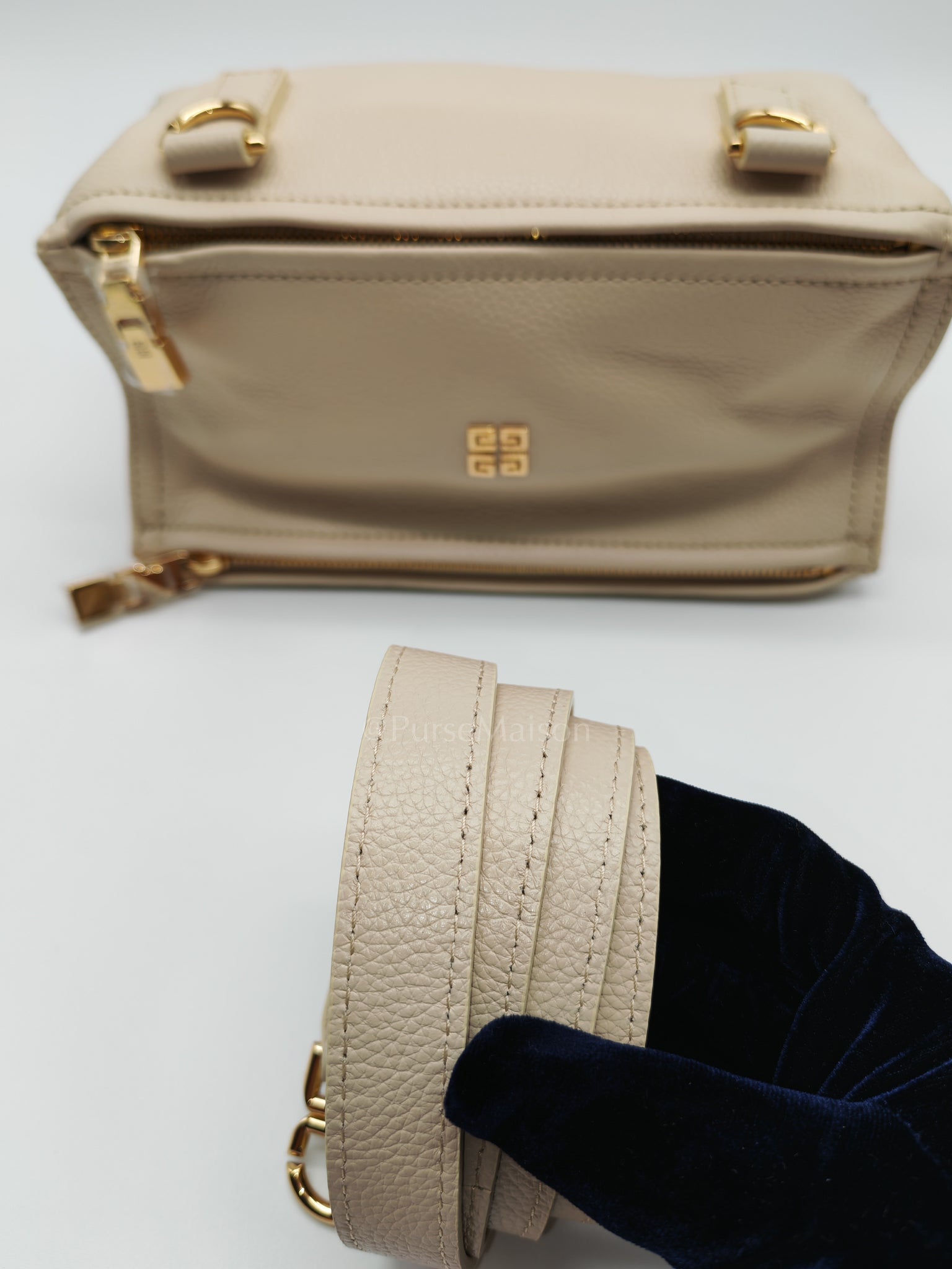 Mini Pandora in Beige Grained Calfskin Leather Crossbody Bag | Purse Maison Luxury Bags Shop