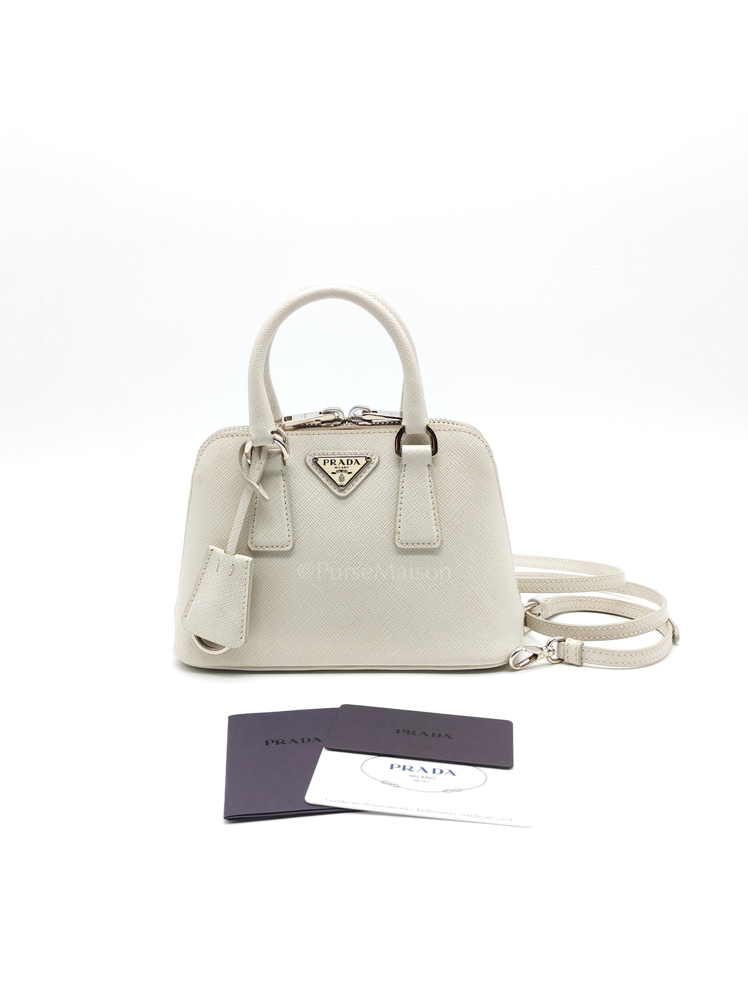 Mini Promenade Crossbody Bag in Off White Saffiano Leather & Silver Hardware | Purse Maison Luxury Bags Shop