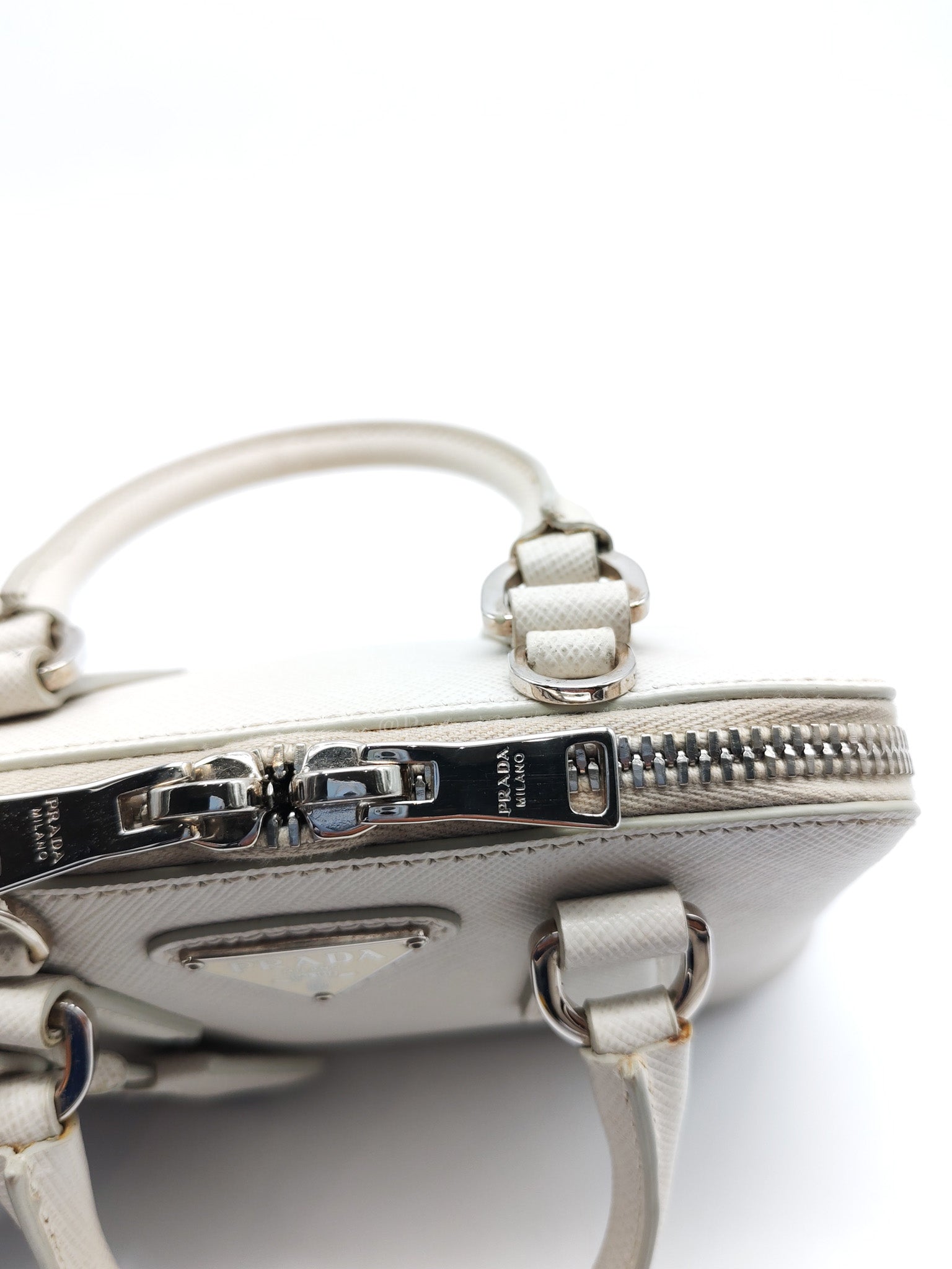 Mini Promenade Crossbody Bag in Off White Saffiano Leather & Silver Hardware | Purse Maison Luxury Bags Shop
