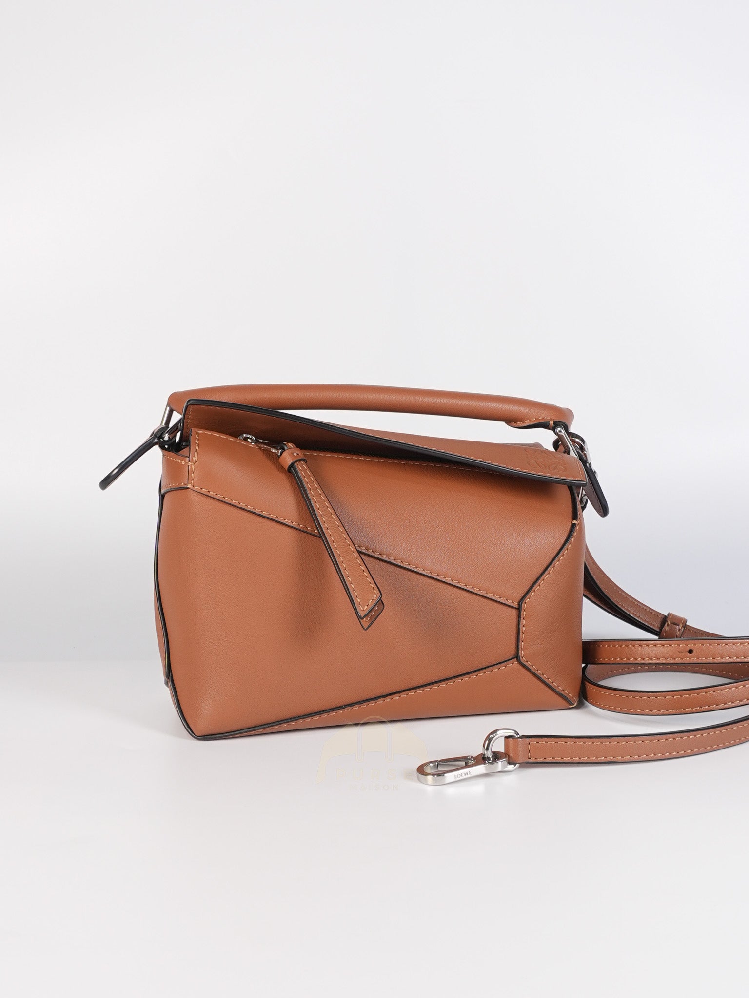 Mini Puzzle Edge Bag in Tan Calfskin Leather & Silver Hardware | Purse Maison Luxury Bags Shop
