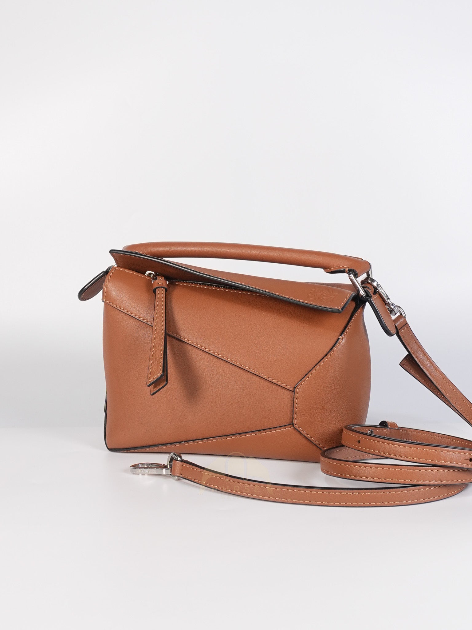 Mini Puzzle Edge Bag in Tan Calfskin Leather & Silver Hardware | Purse Maison Luxury Bags Shop